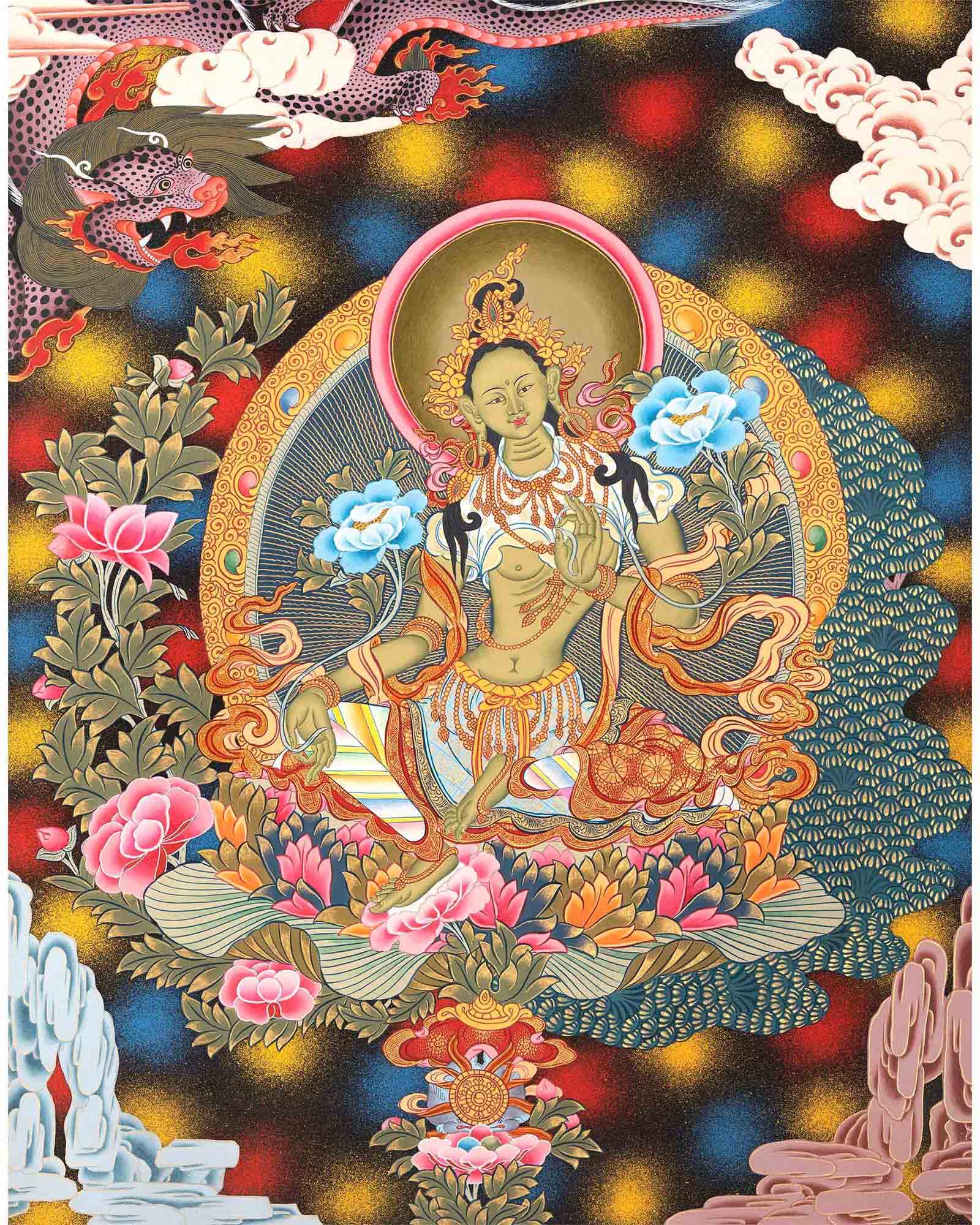 Green Tara | Female Bodhisattva Traditional Thangka | Spiritual Art