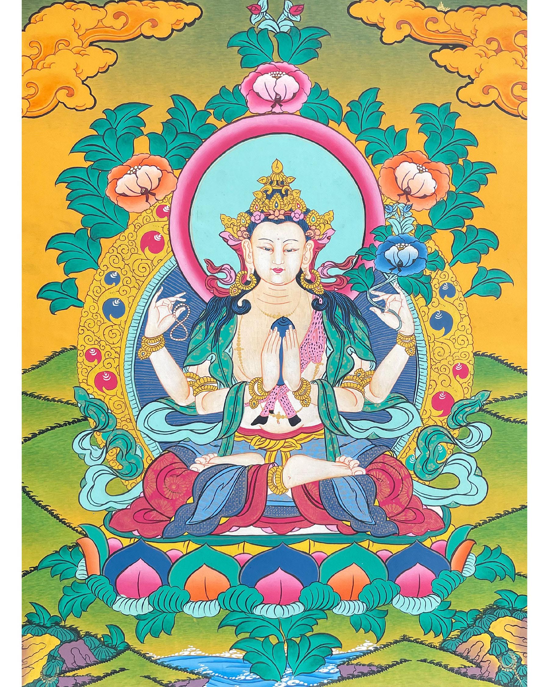 Hand-painted Chengrezig Thangka | Eternal Loving and Kindness