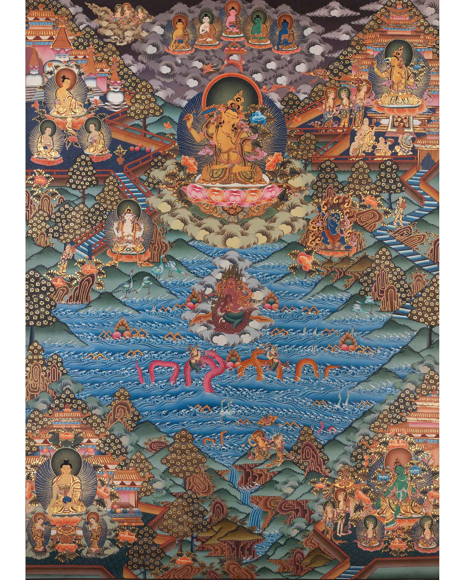 Manjushri and Kathmandu | Swayambhu Folk Lore Representation | Vintage Thangka Painting