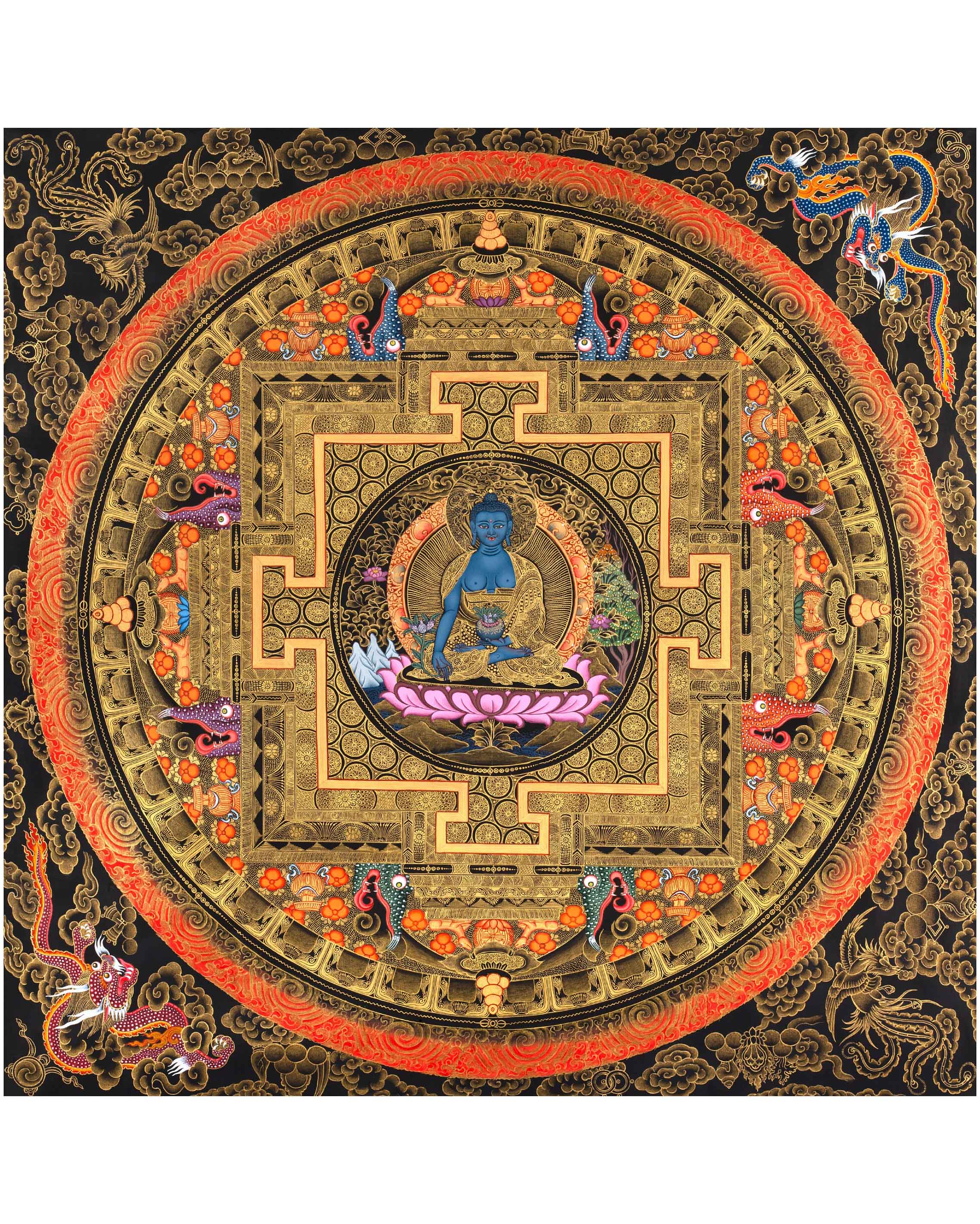 Healing Buddha Mandala Thangka | Medicine Buddha Art | Buddhist Hand Painting|