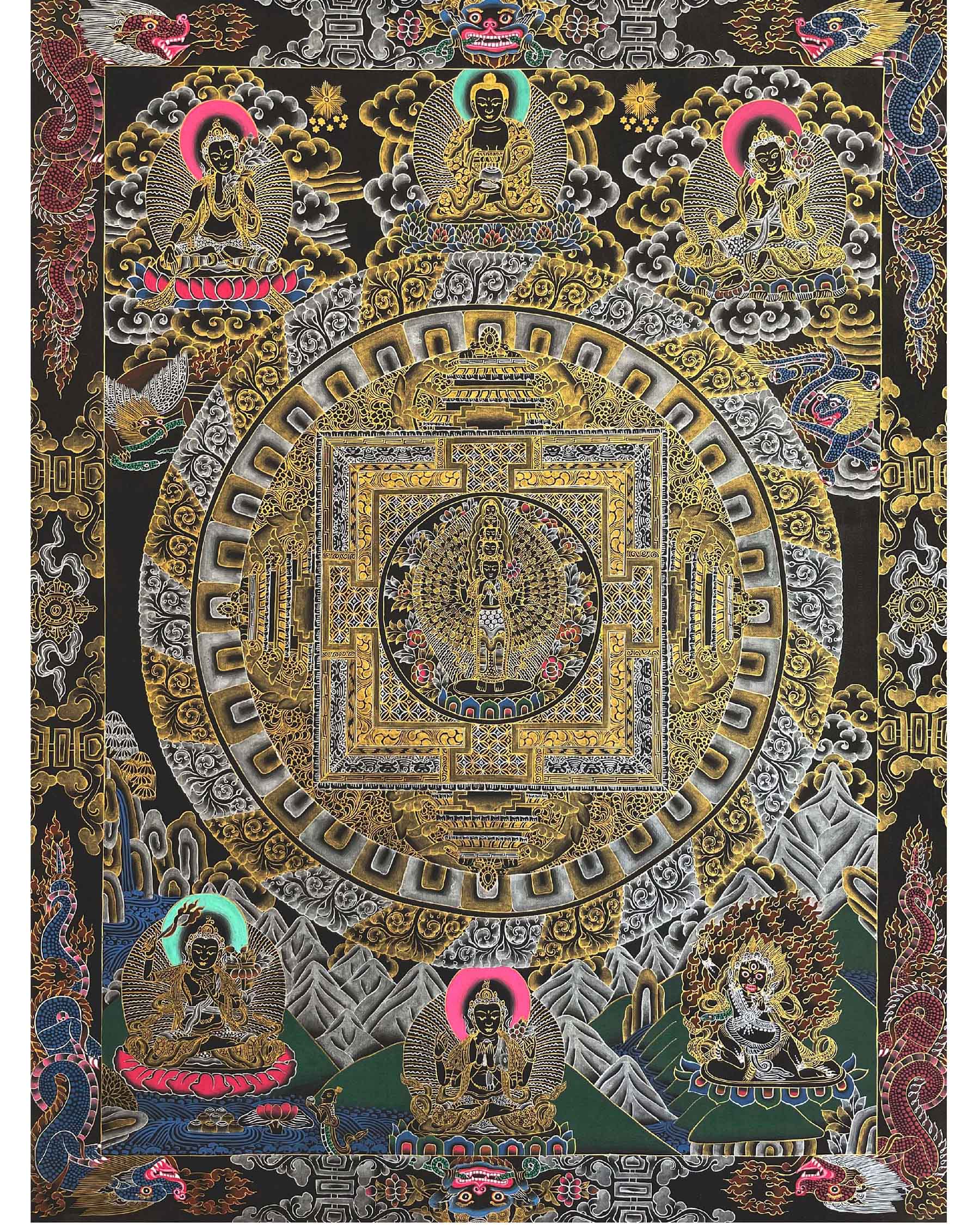 Lokeshvara Mandala Thangka | Black and Gold Tibetan Buddhist Wall Hanging Art