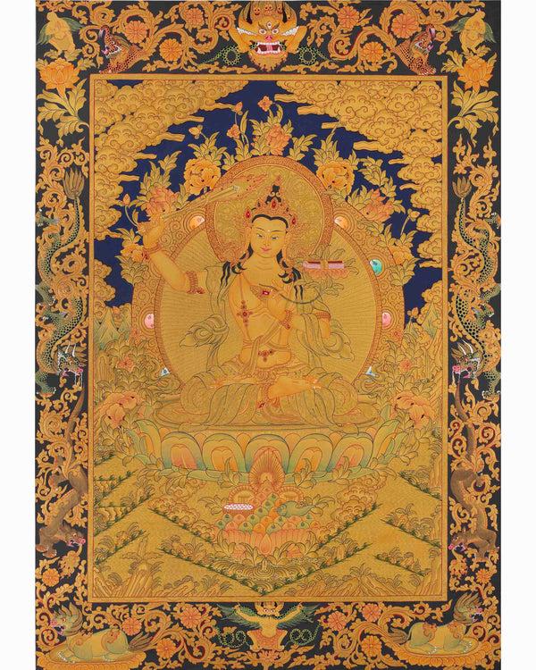Manjushree Thangka Painting | 24K Gold Style Art | Religious Wall Decors