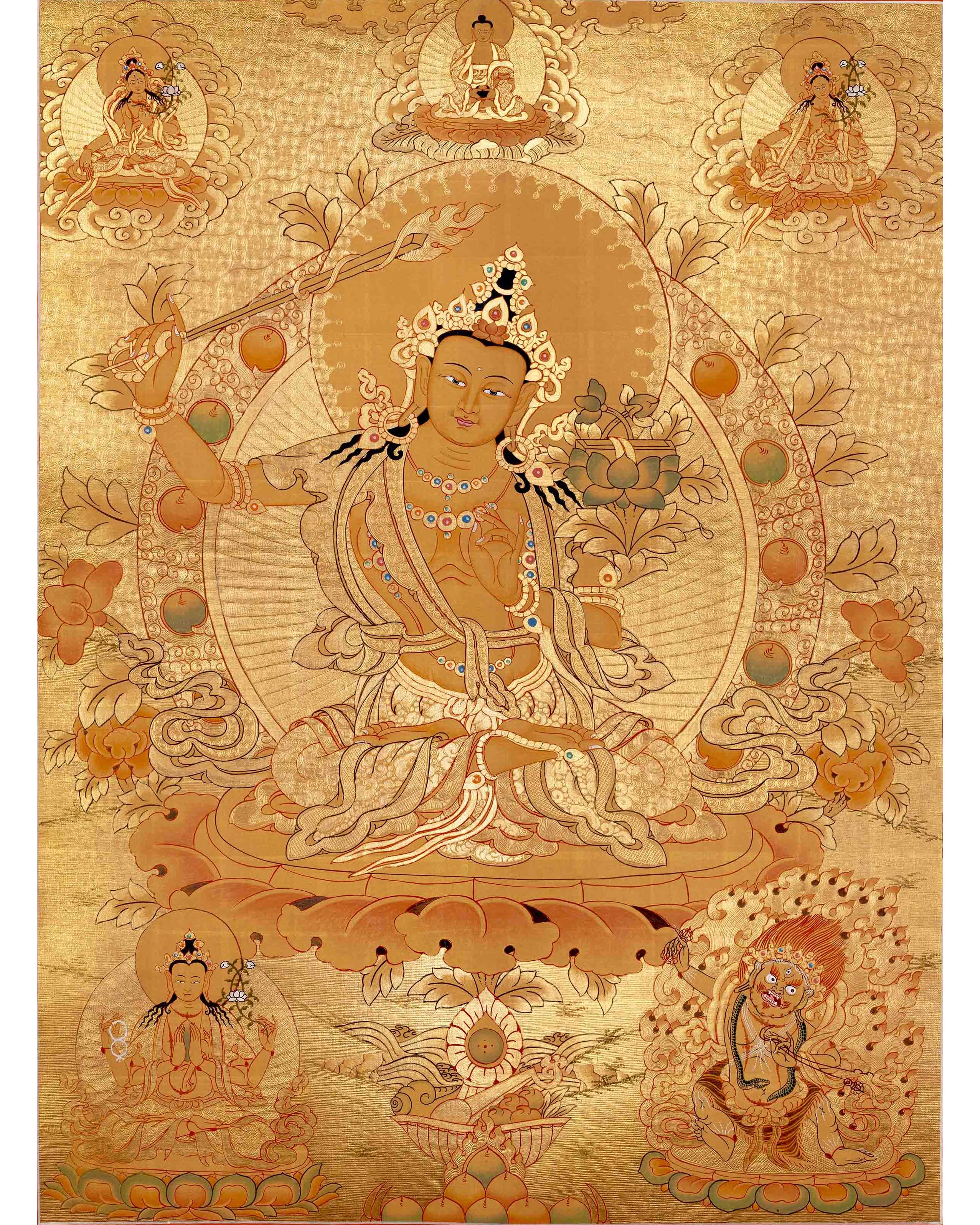 24K Gold Manjushree Thangka | Tibetan Buddhist Bodhisattva Art