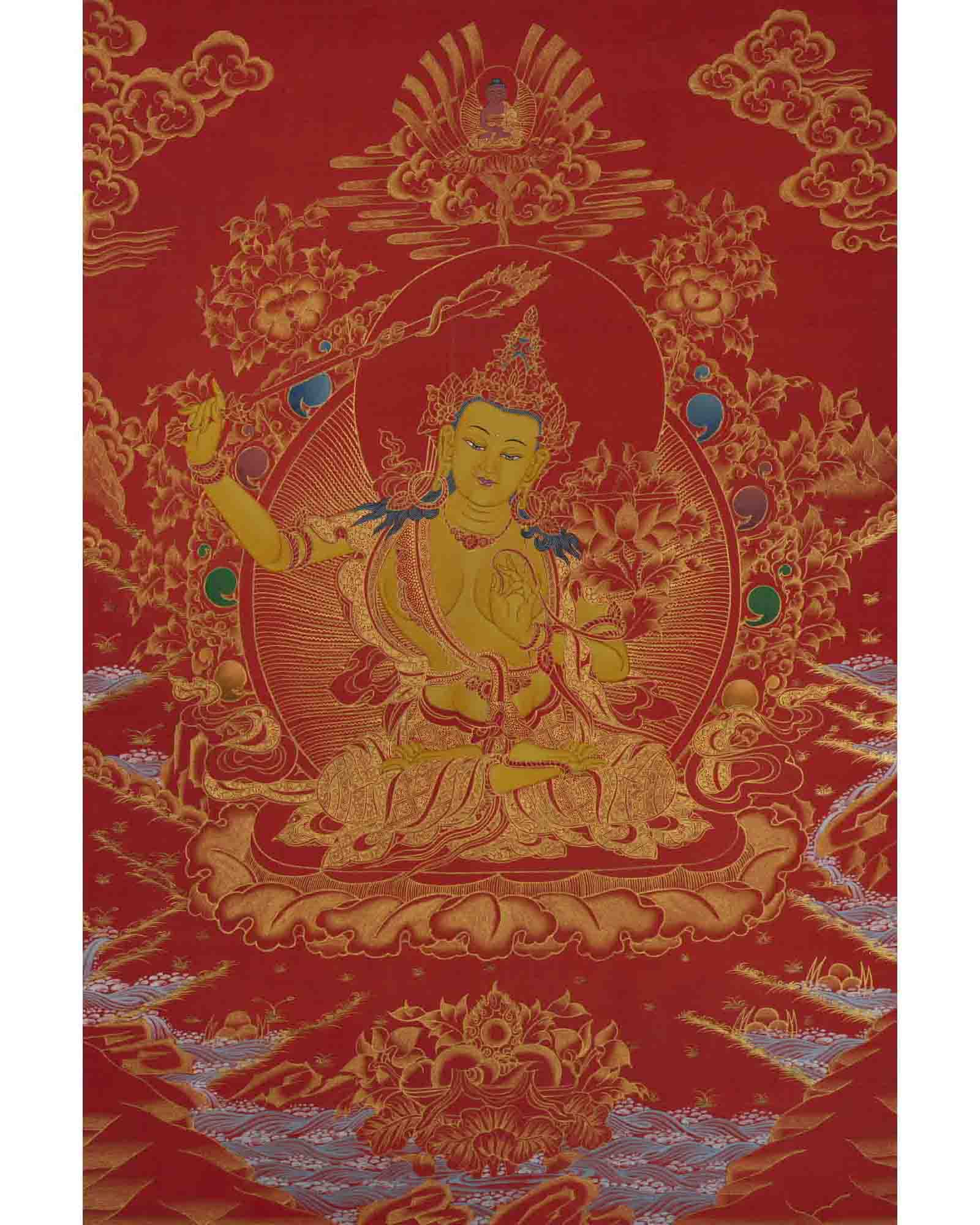Manjushree Thangka | 24K Gold Style Painting | Religious Wall Decors