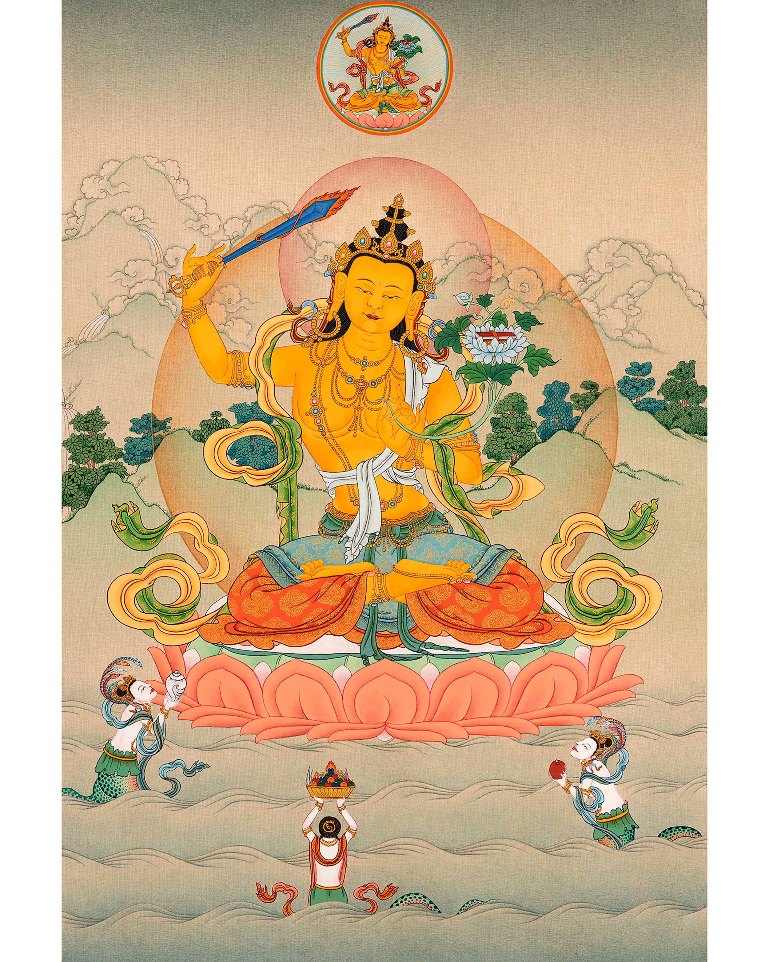 Traditionally Hand-Painted Bodhisattva Manjushri Thangka | Tibetan Bod