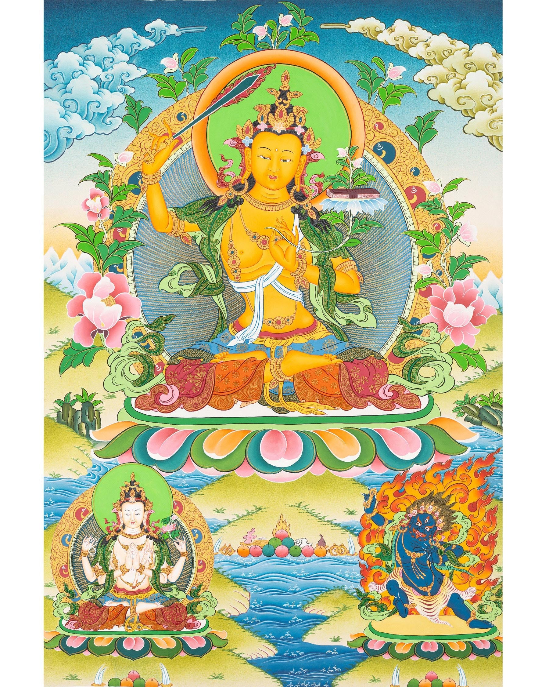 Manjushri Thangka  | Flanked By Avalokiteshvara And Vajrapani