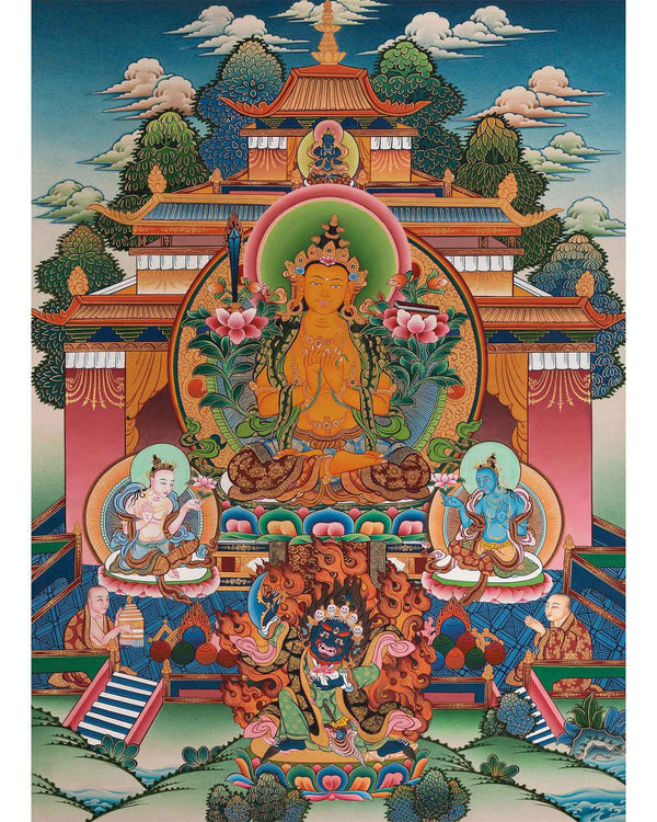 Manjushree Thangka | Manjushri Palace Large Sized Tibetan Thangka Painting For Office, Bedroom & Farmhouse