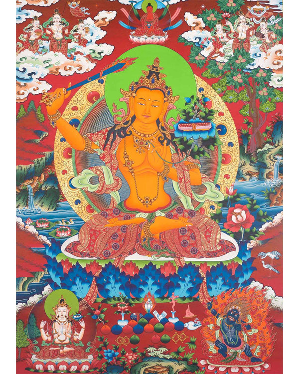 Manjushri Tibetan Thangka | The Buddha of Wisdom | Traditional Wall Hanging Art
