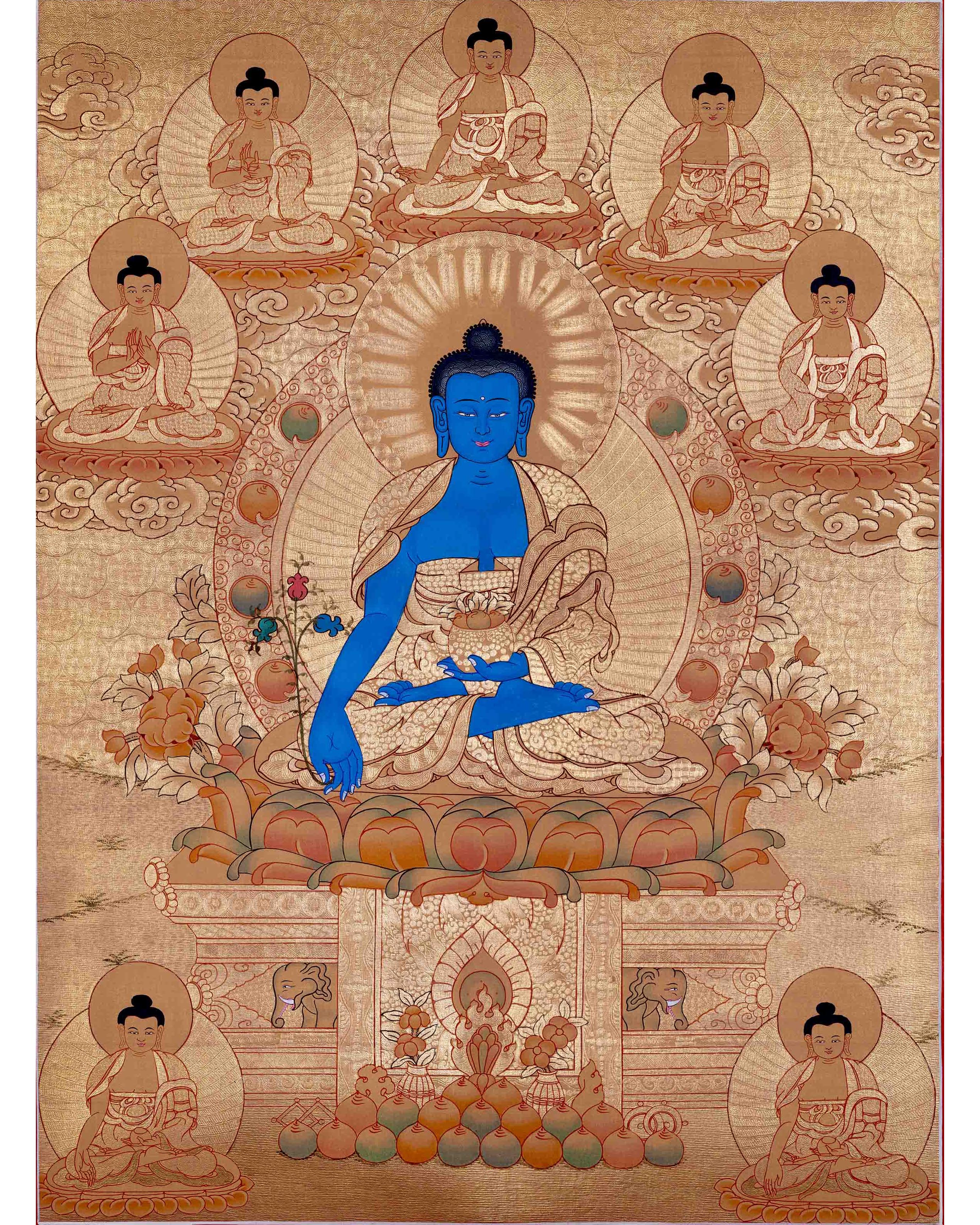 24K Gold Style Medicine Buddha Thangka | Meditation Altar