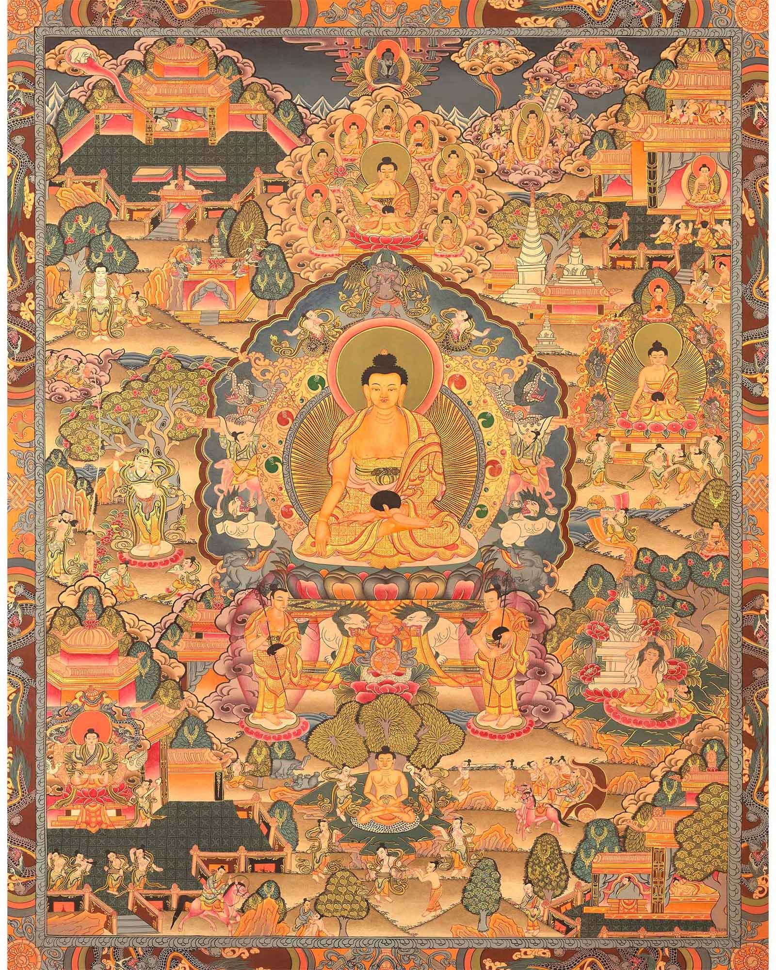 Miraculous Life Events Siddhartha Gautama Buddha | Hand Painted Thangka Art