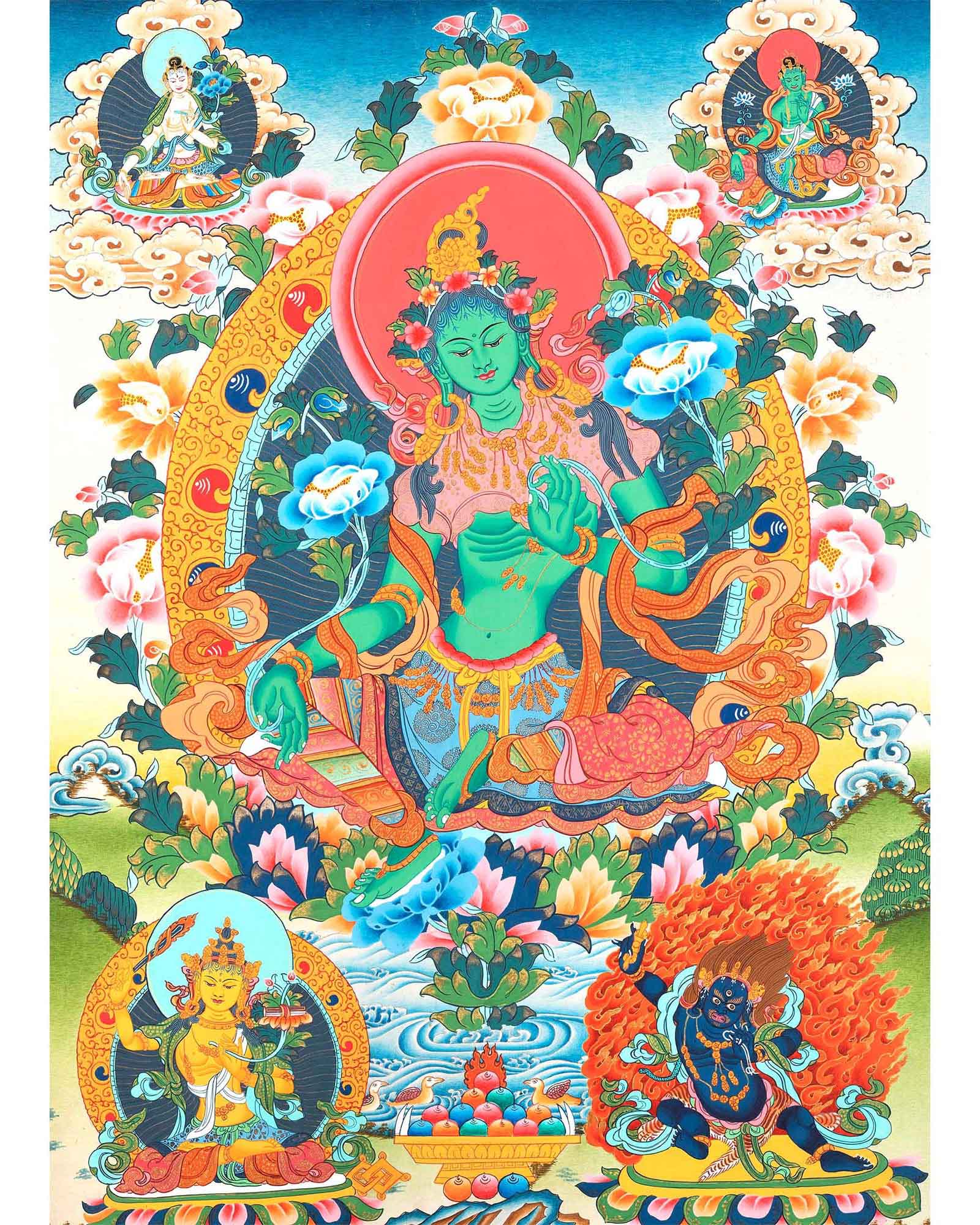 Mother Green Tara Thangka Painting | Wall Hanging Decoration | Religious Home Decor