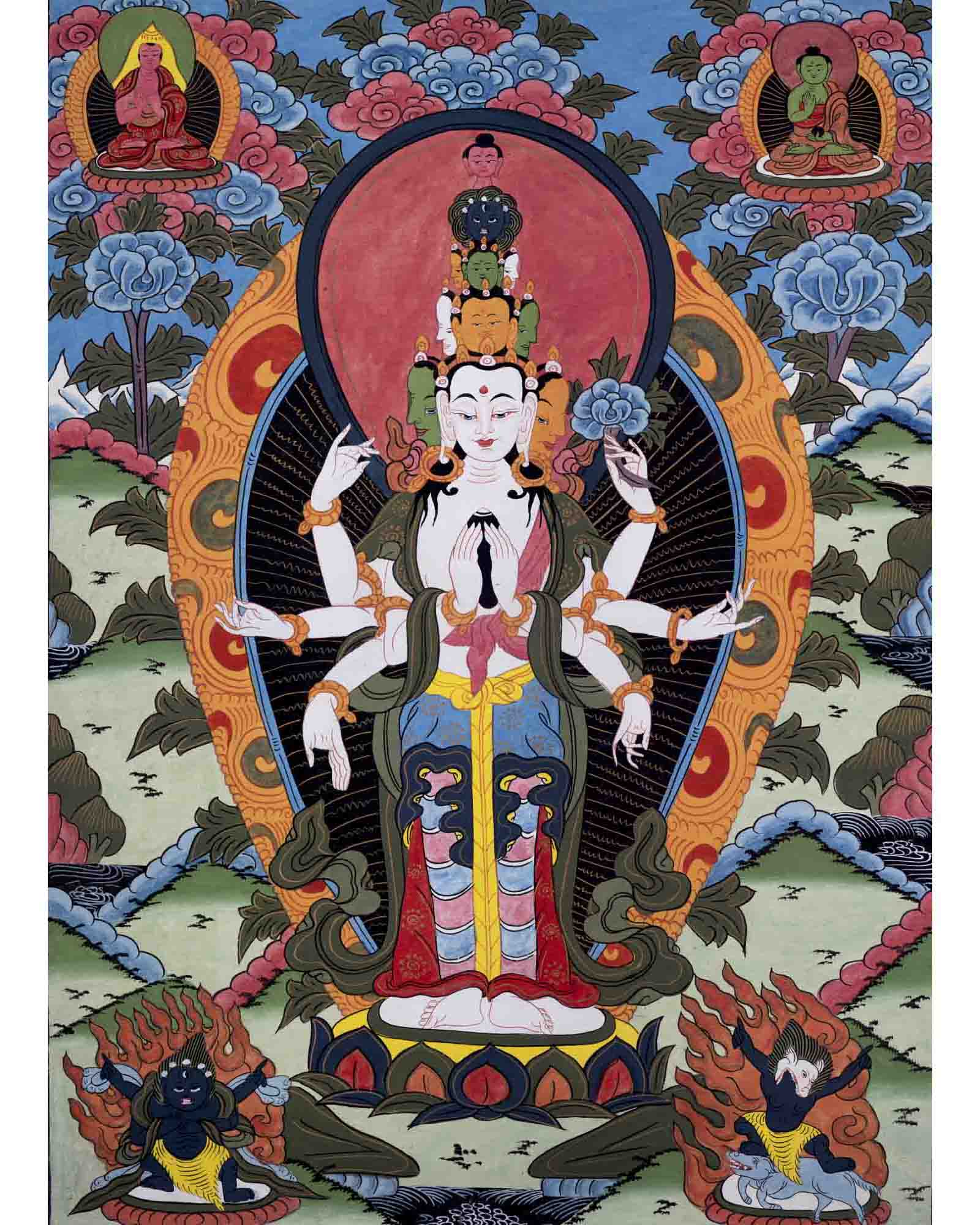 Old Avalokiteshvara Thangka | Followed By Mahakala & Bodhisattvas | Wall Decors