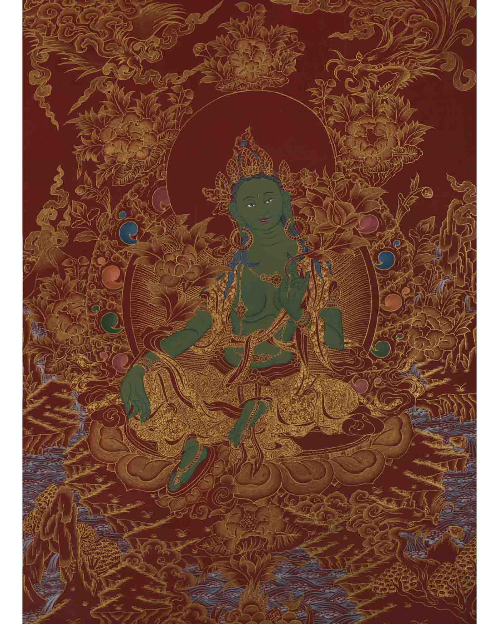 Original Green Tara Thangka | 24K Gold Style Artwork | Wall Decors