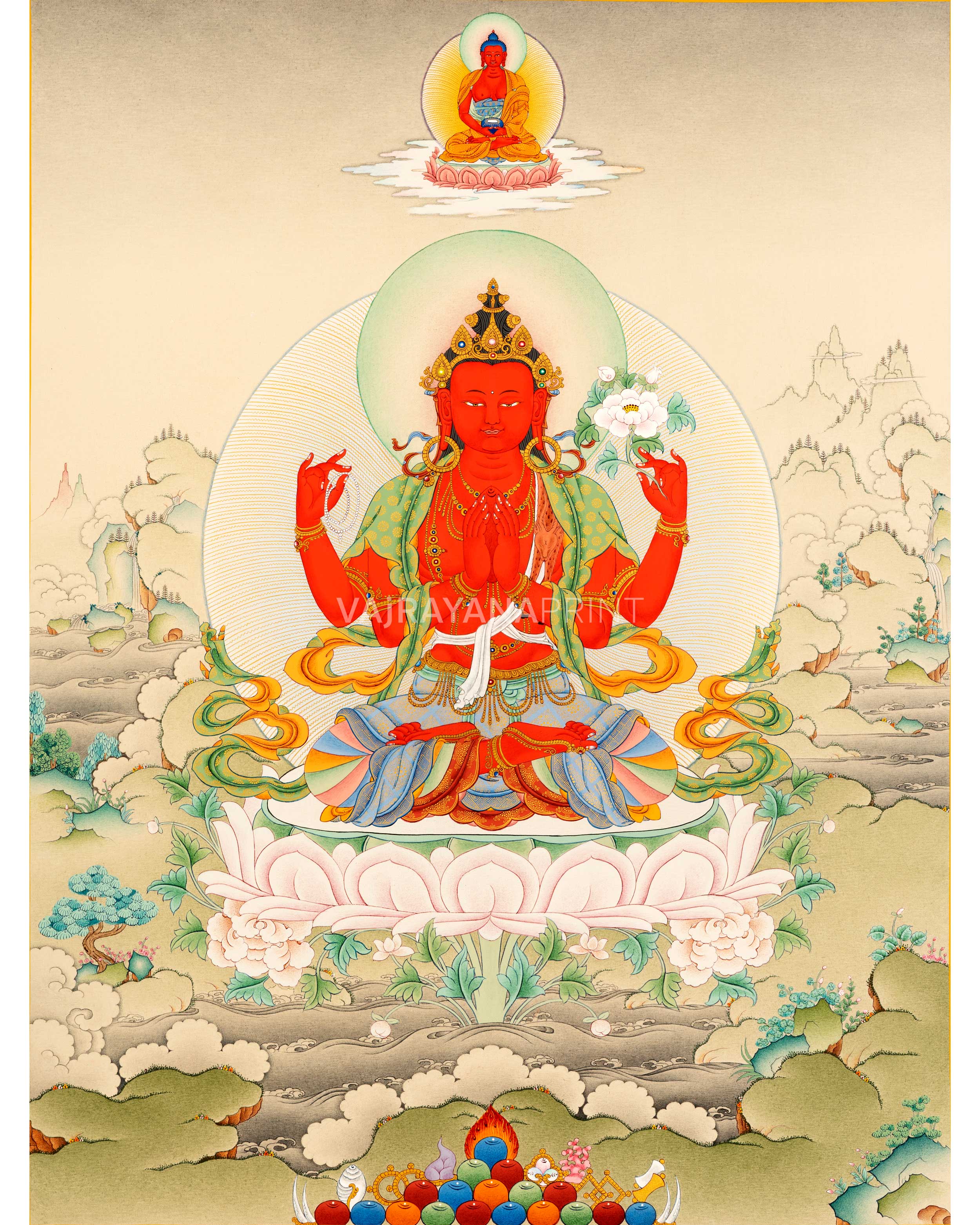 Red Chenrezig With Amitabha Buddha Print | Gyalwa Gyasto Thangka Print