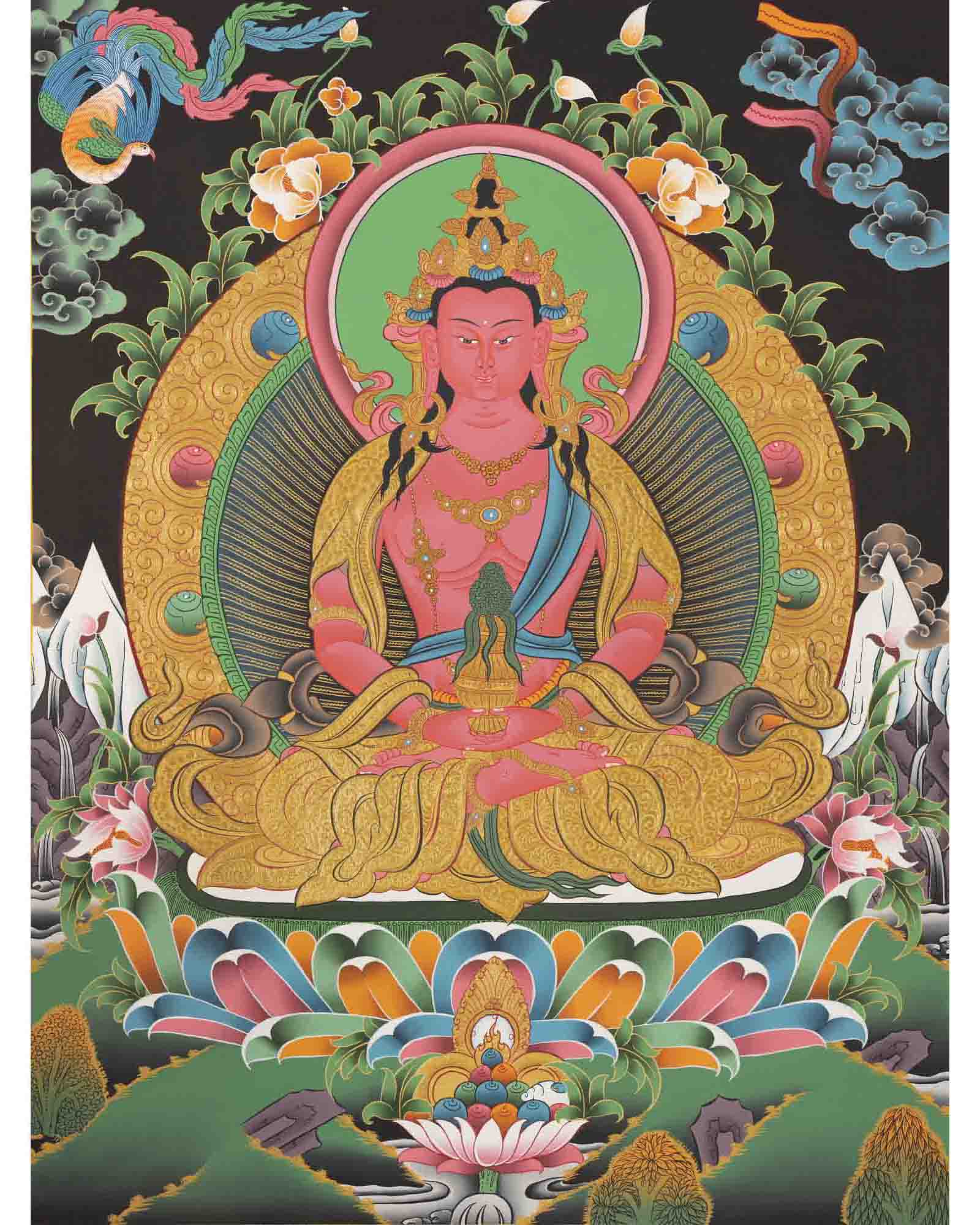 Red Amitayus Buddha | Buddhist Traditional Thangka | Gift For Buddhist