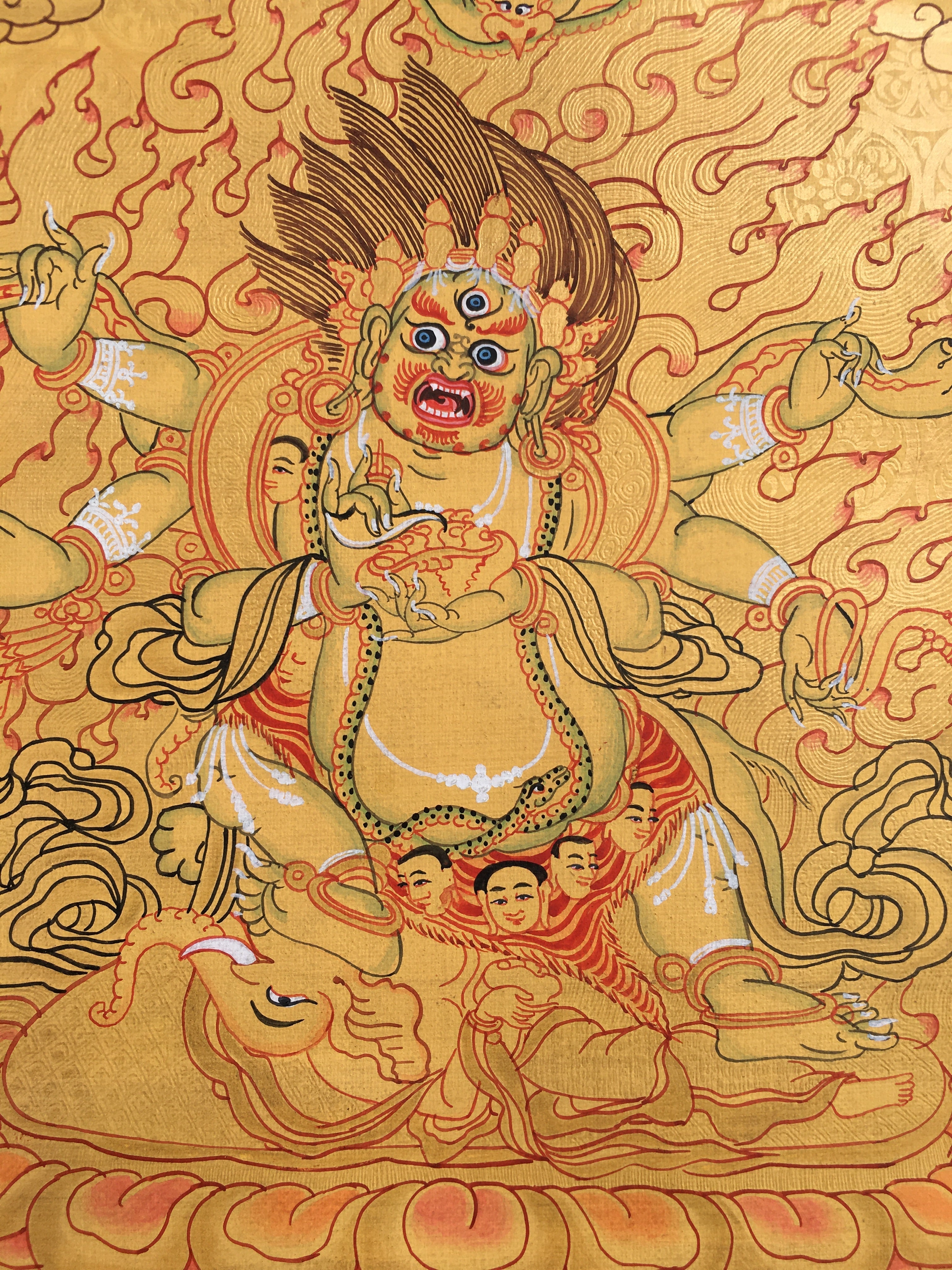 Six- Armed Mahakala| Hand Painted Buddhist Art | Brocade Mounted | Small Size Buddhist Painting for wall decoration and alter space