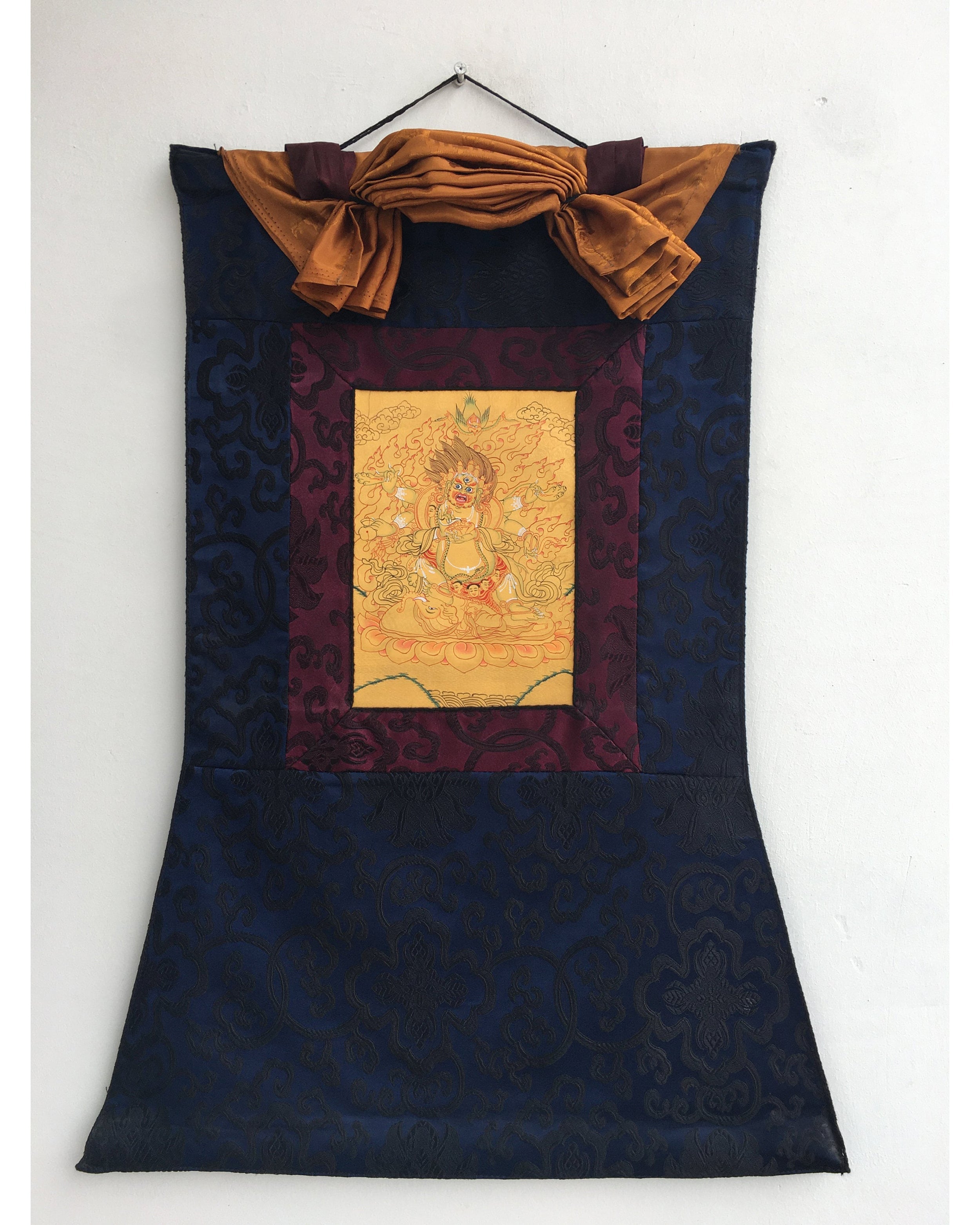 Six- Armed Mahakala| Hand Painted Buddhist Art | Brocade Mounted | Small Size Buddhist Painting for wall decoration and alter space