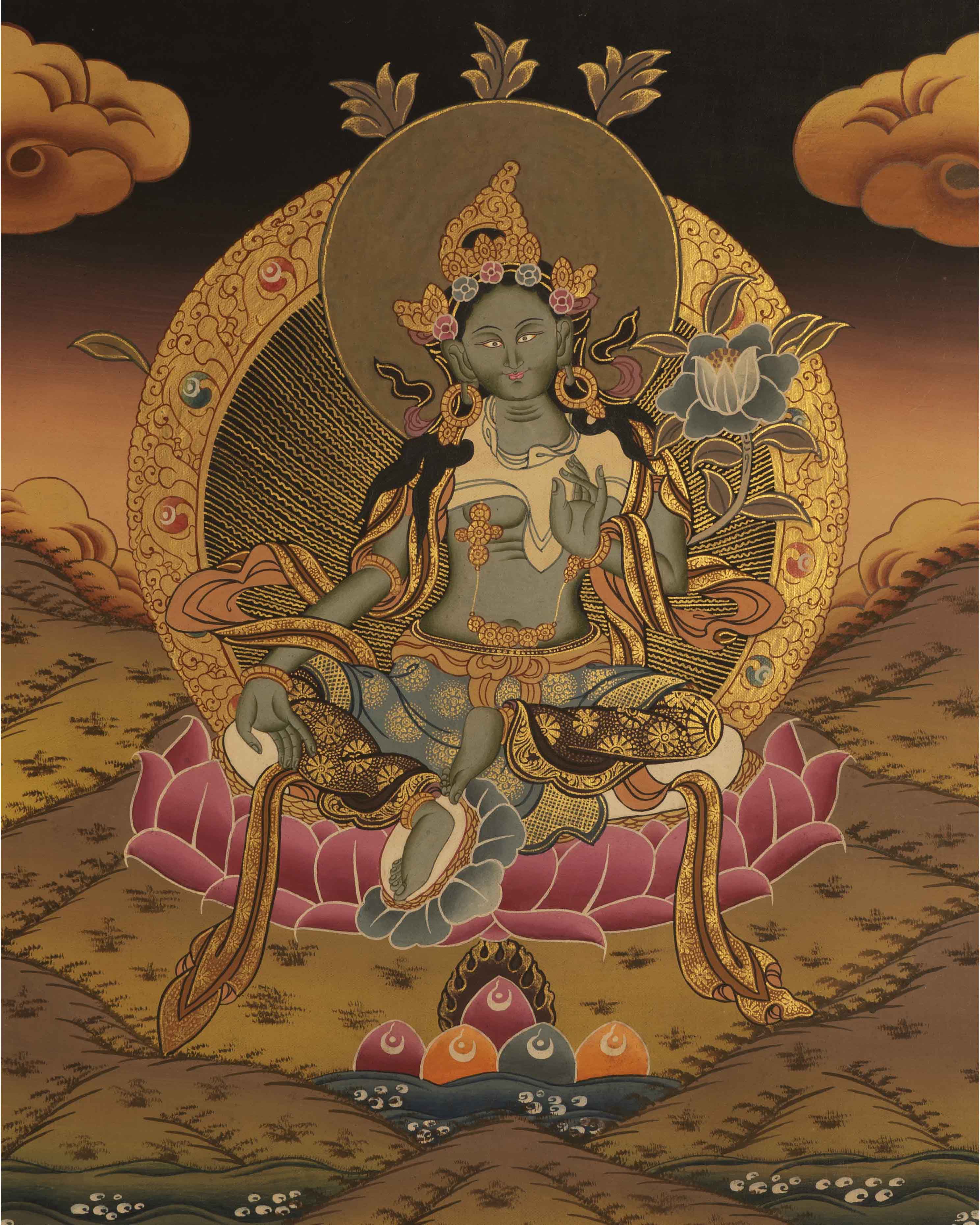 Small Green Tara Thangka | Religious Art For Wall Decor