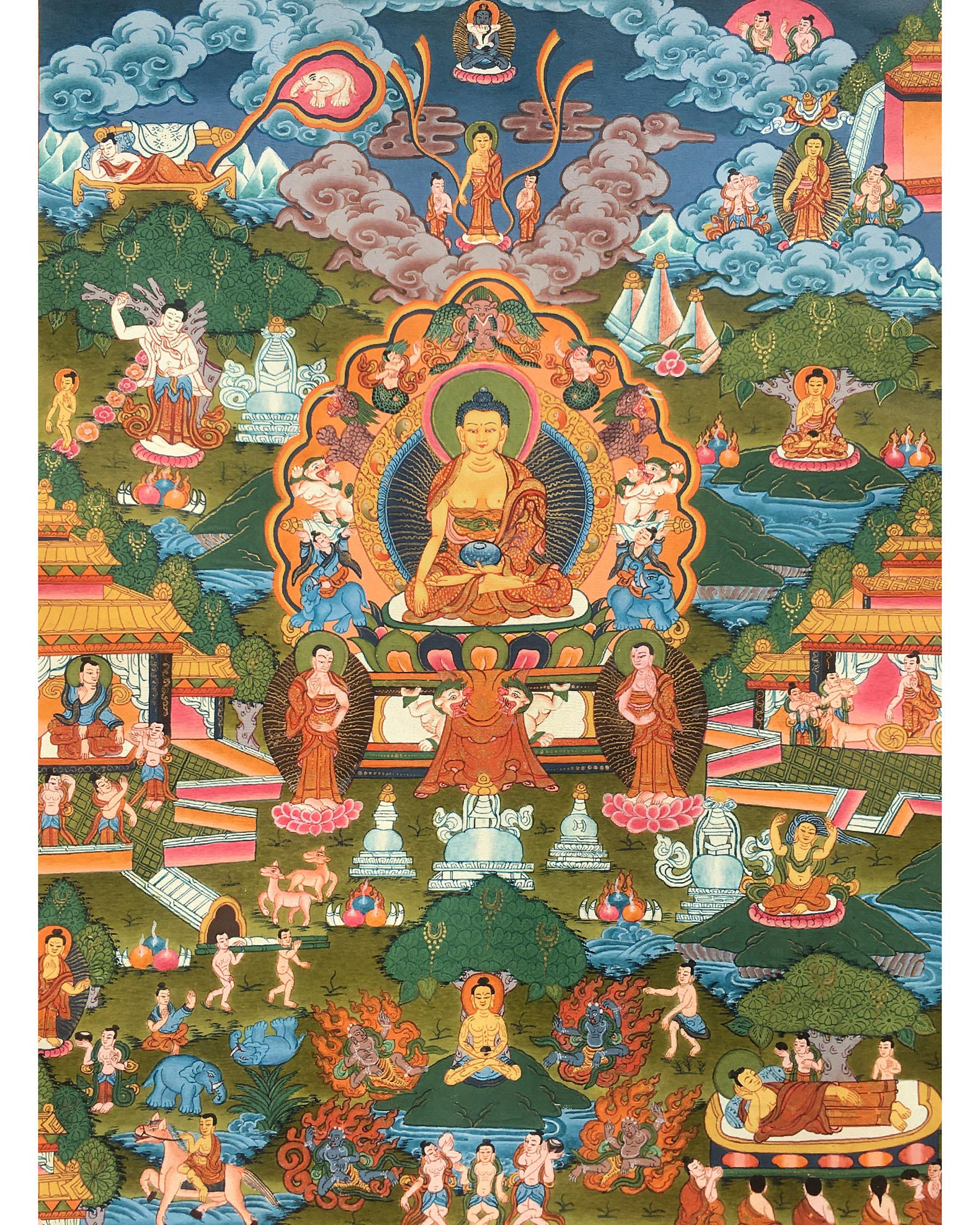 Small Sized Buddha Life Story | Original Hand-Painted Tibetan Painting