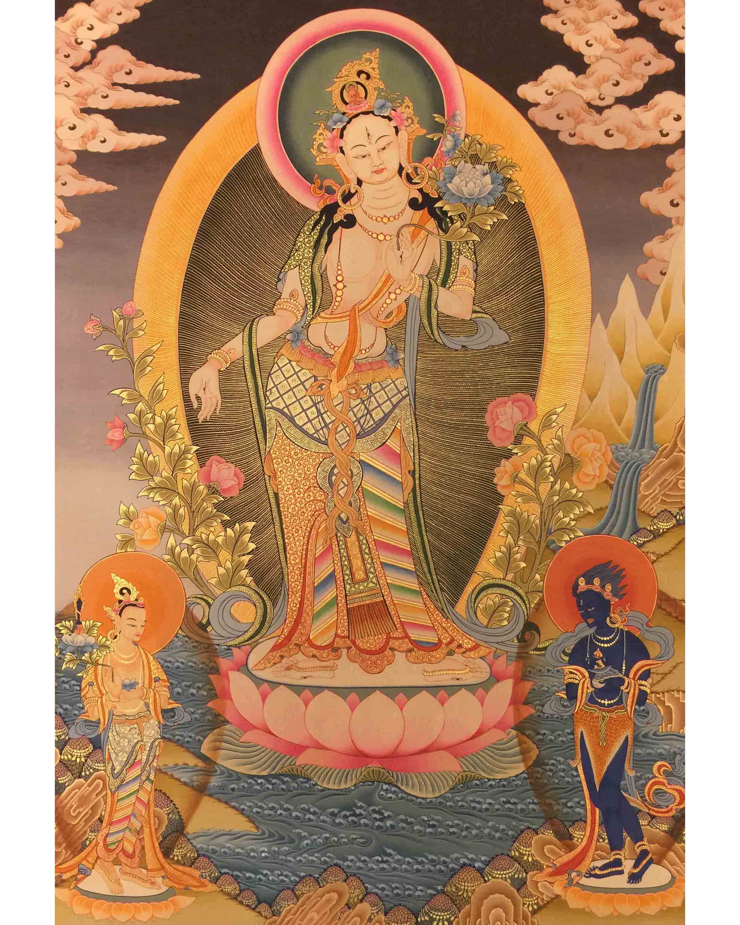 Standing White Tara Mother Goddess Healing Thangka Painting |  Wall hanging Decoration for Positivity