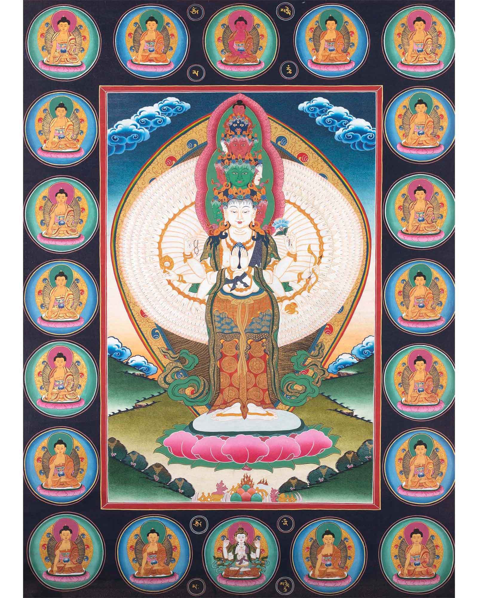 Avalokiteshvara Original Handmade Tibetan Thangka | Small Size Wall Decoration Painting