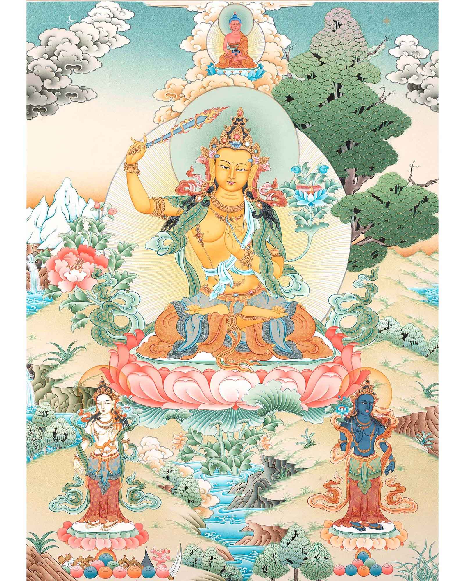 Tibetan Manjushree Thangka | Bodhisattva of Wisdom and Power | Wall Hanging Decors