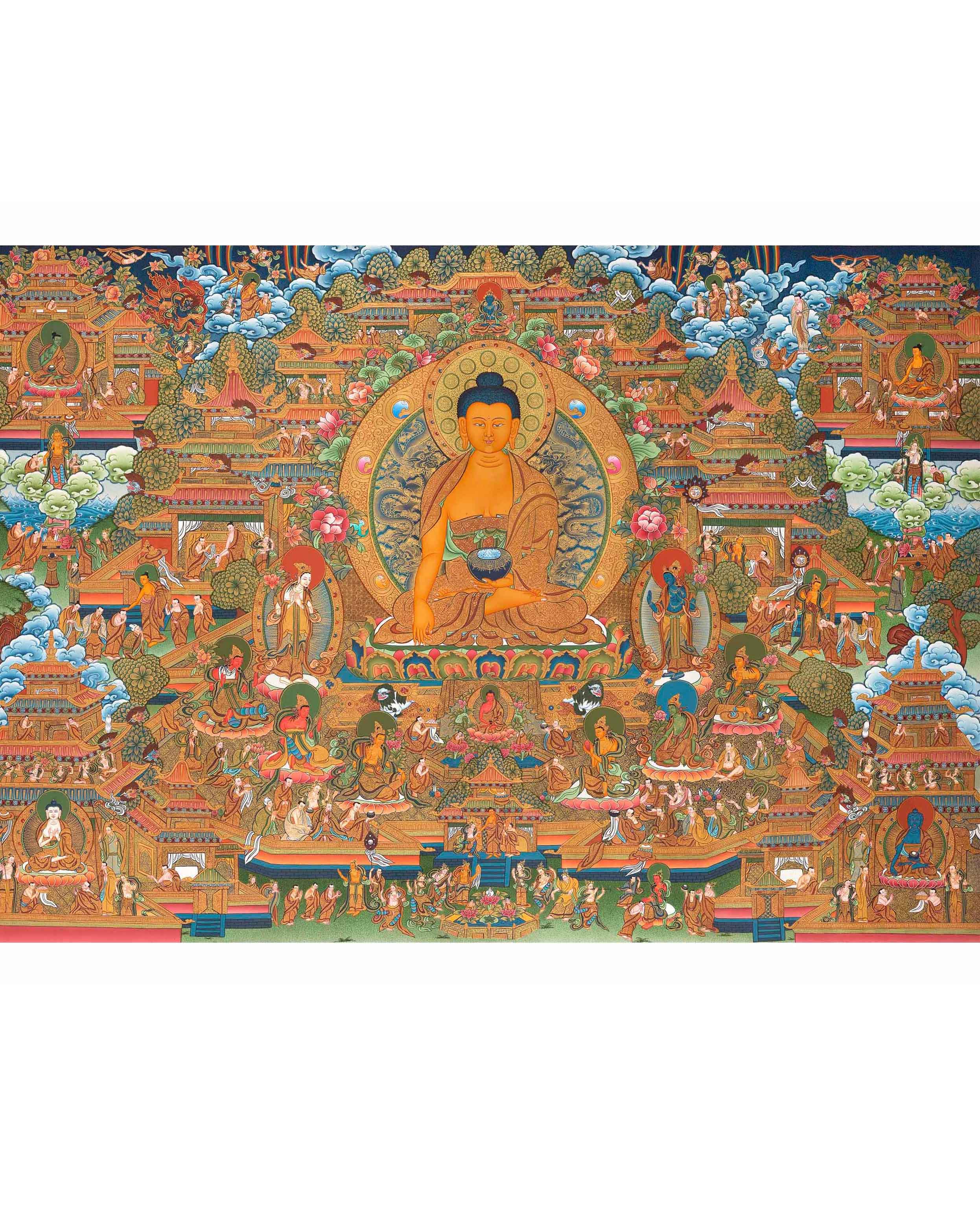Traditional Shakyamuni Buddha Thangka | Large Traditional Panoramic Wall Art To Aid Meditation Yoga | 24 K Gold Artwork