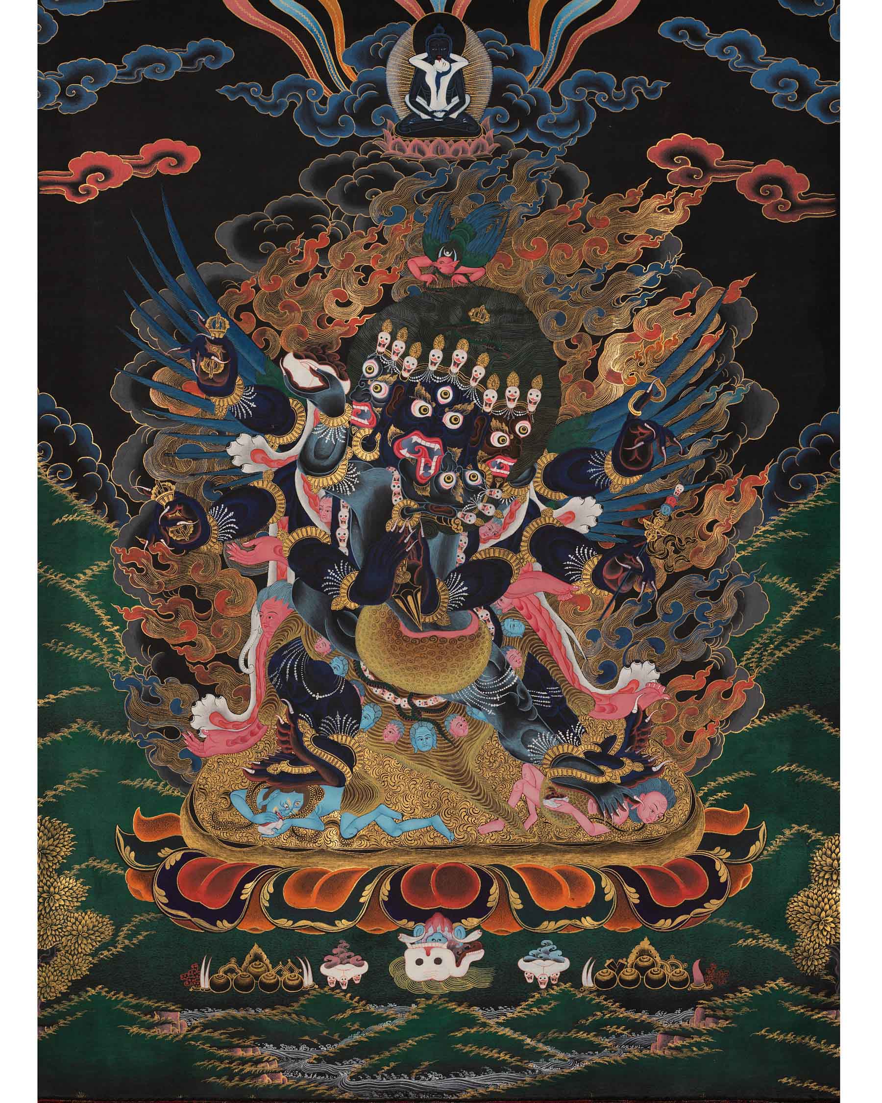 Vajrakilaya Thangka | Traditional Tibetan Brocade | Dorje Phurba | Original Hand Painted Yidam Thangka Art