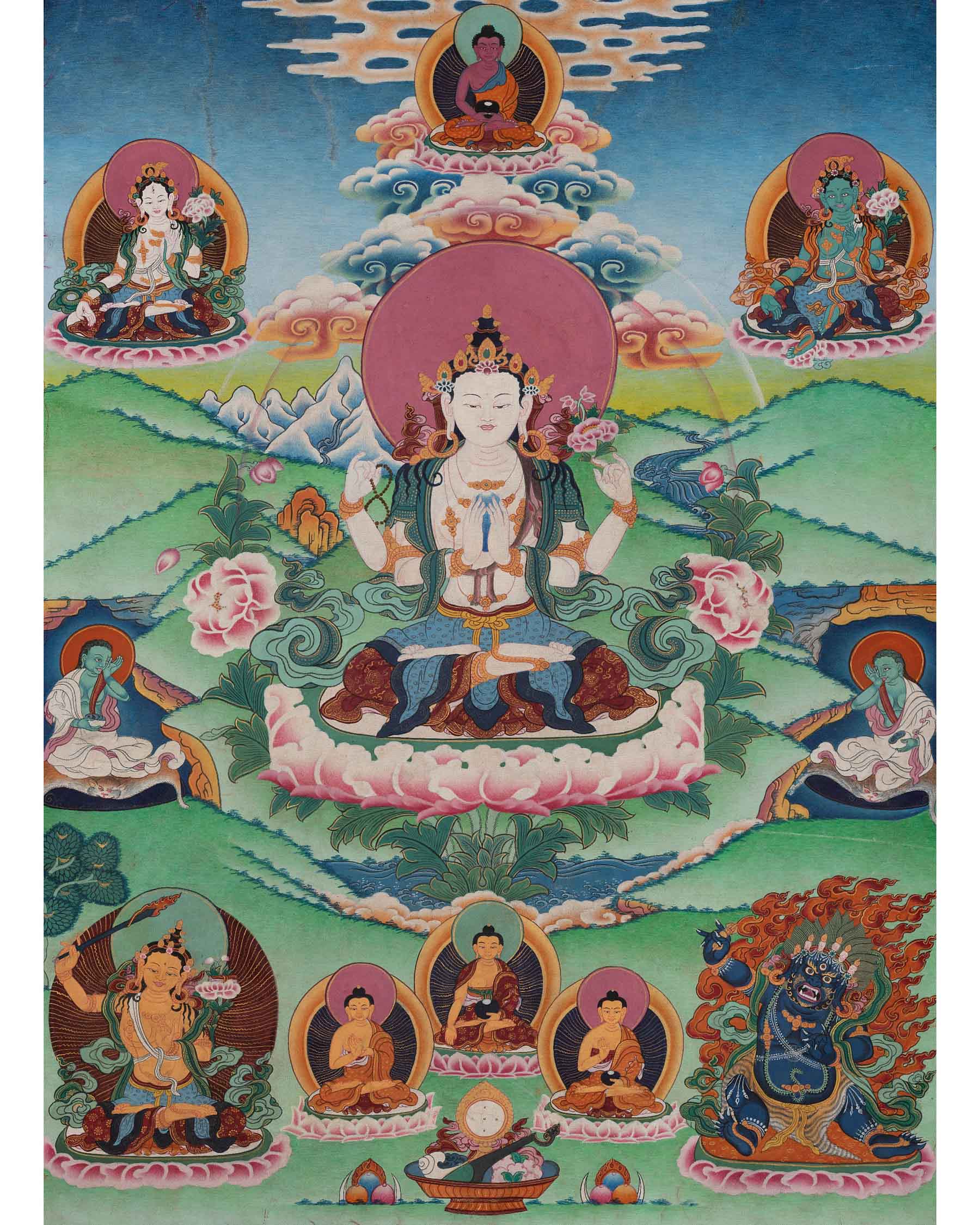 Original Vintage Chenrezig Thanka with Brocade | Traditional Thangka Art