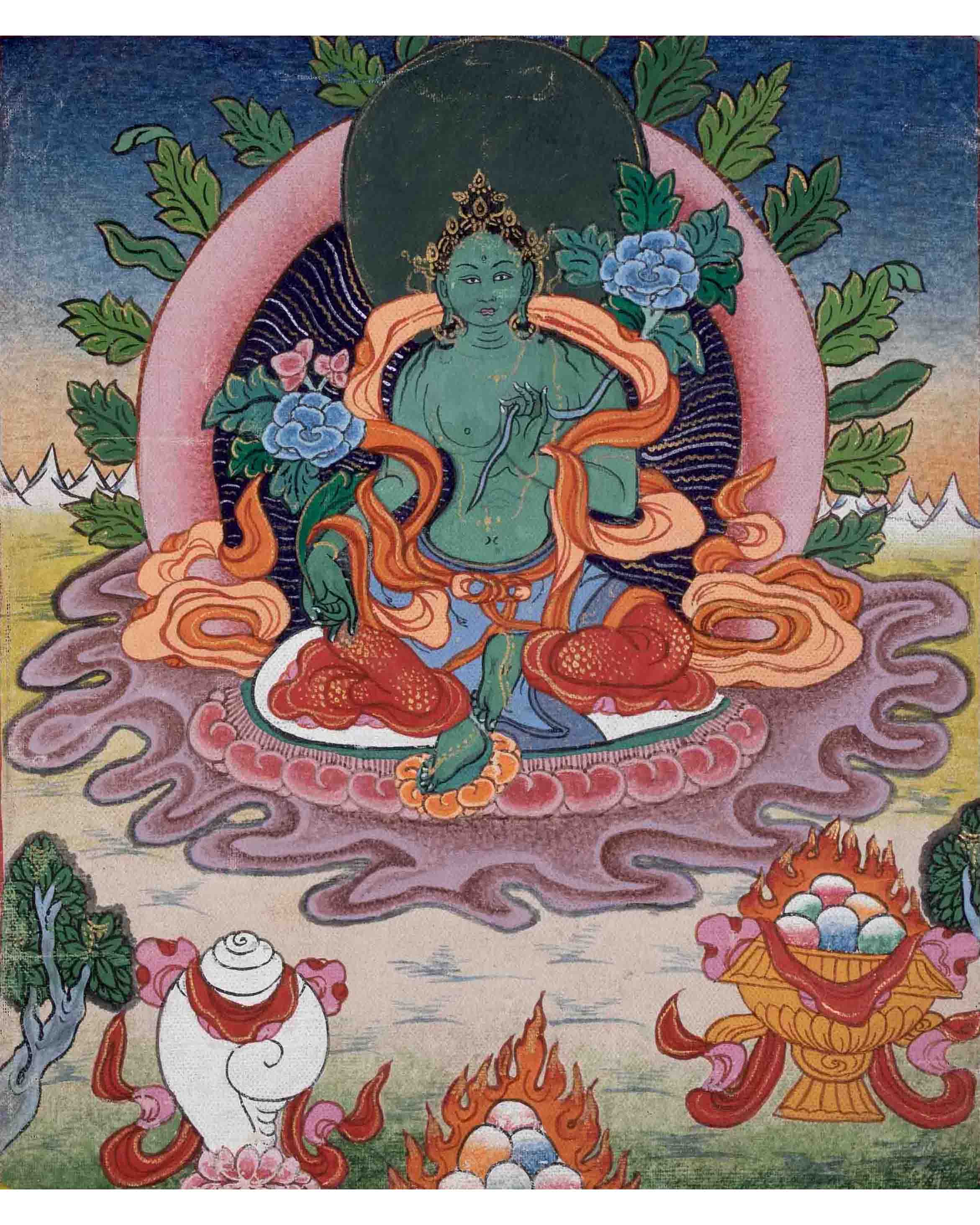 Vintage Green Tara Thangka | Goddess Art