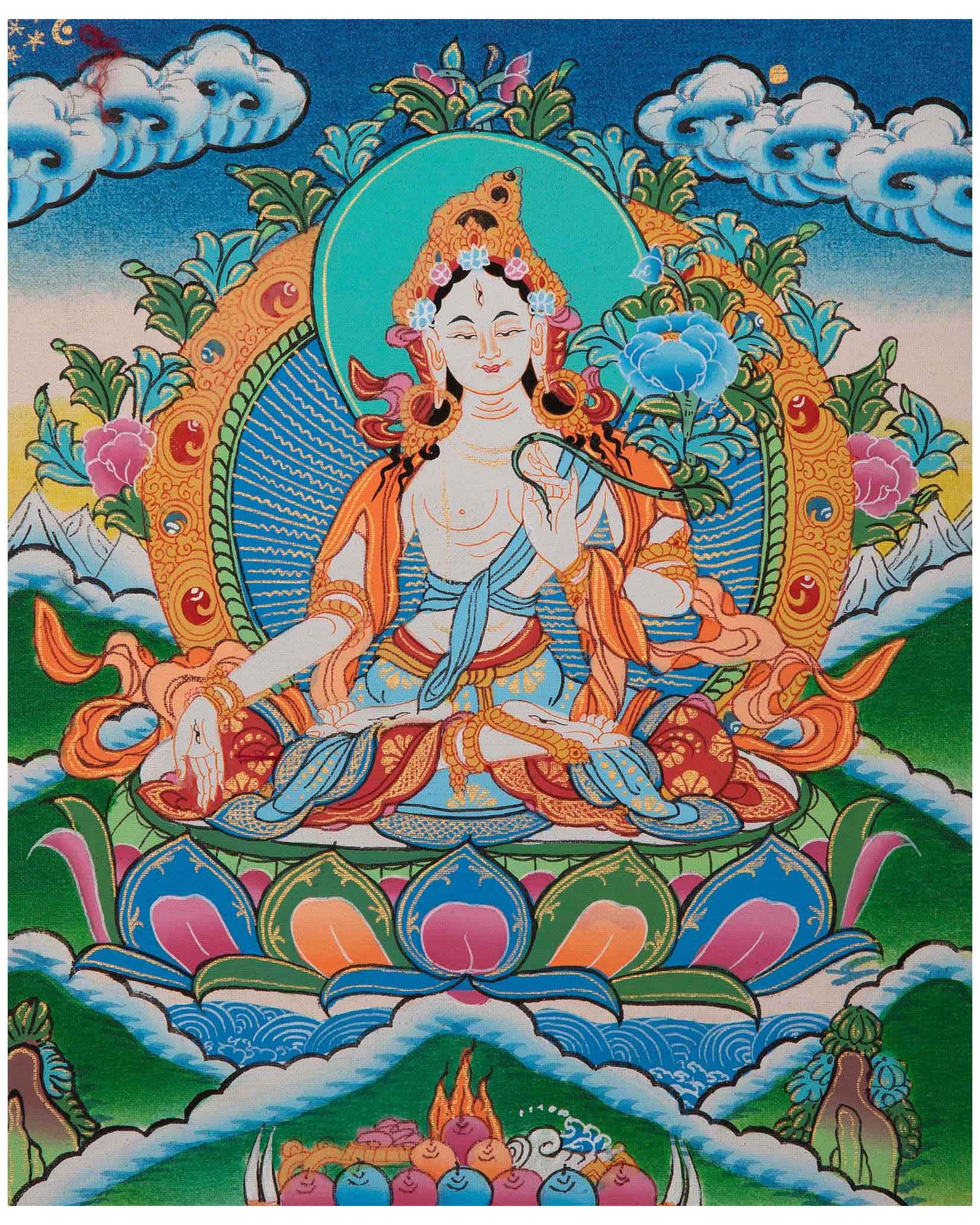 Vintage White Tara Thangka | Tibetan Wall Hanging