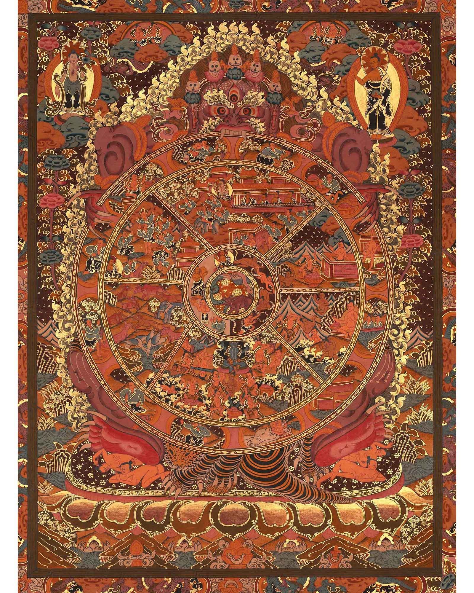 Wheel Of Life Original Gold Painted Tibetan Thangka | Wall hanging Decoration for Relaxation | Spiritual Meditation Art For Eternal Love