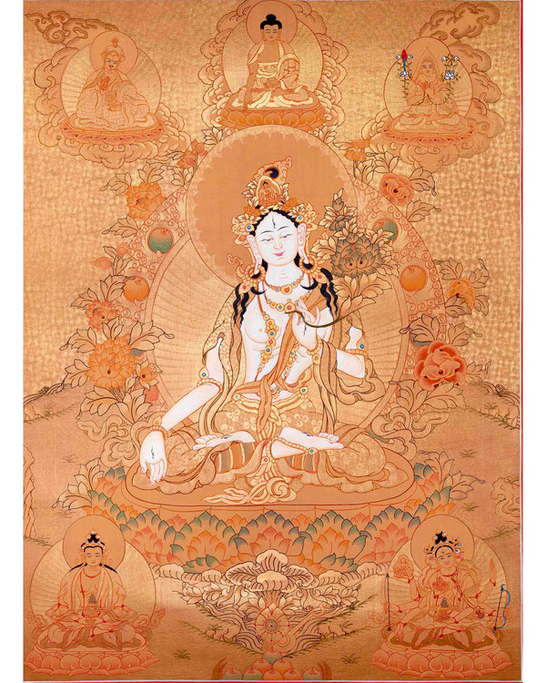 Tibetan White Tara Thangka | Wall Hanging Meditation and Yoga Art