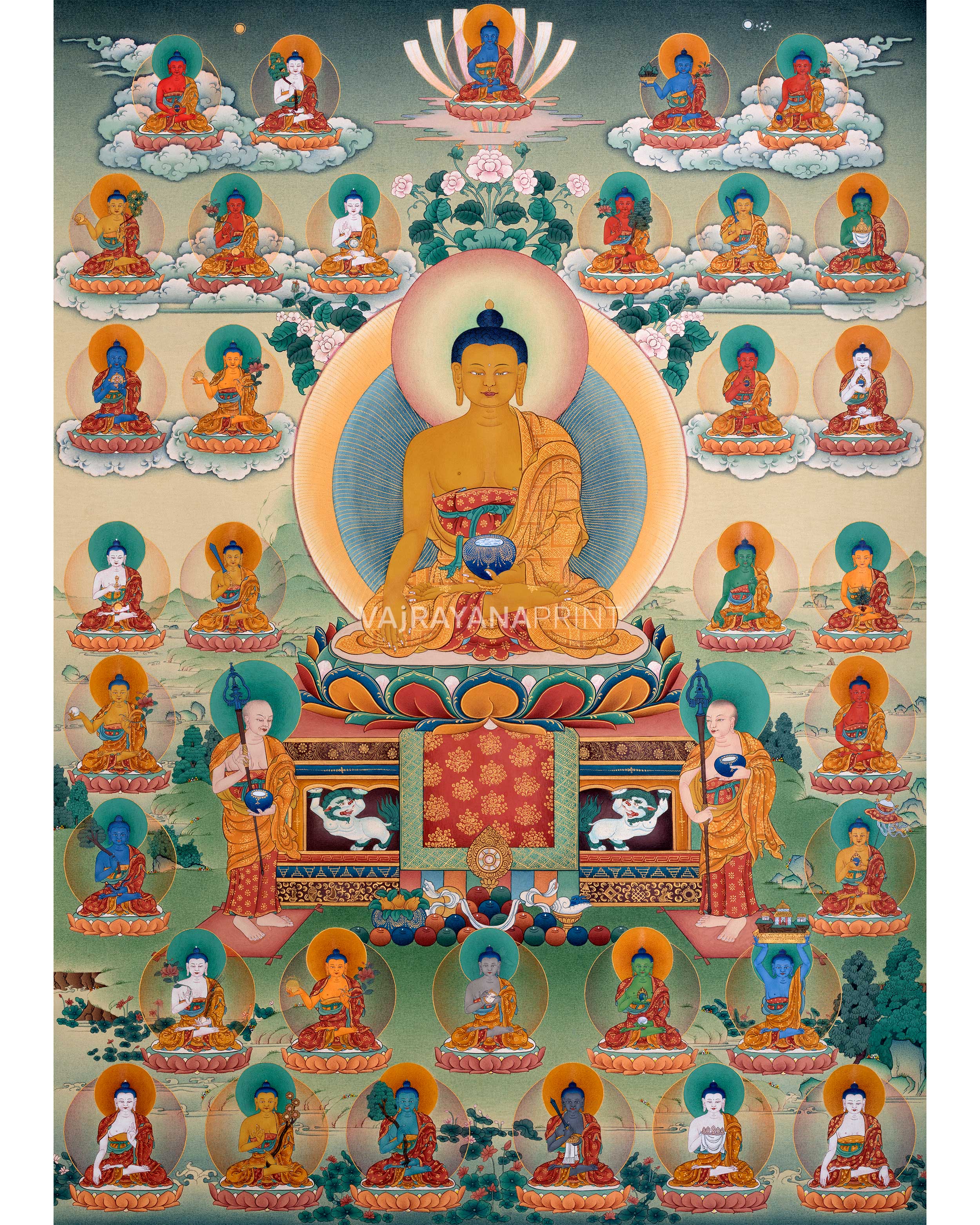 Buddha Shakyamuni Thangka, 35 Buddhas of Confession, Thangka Print