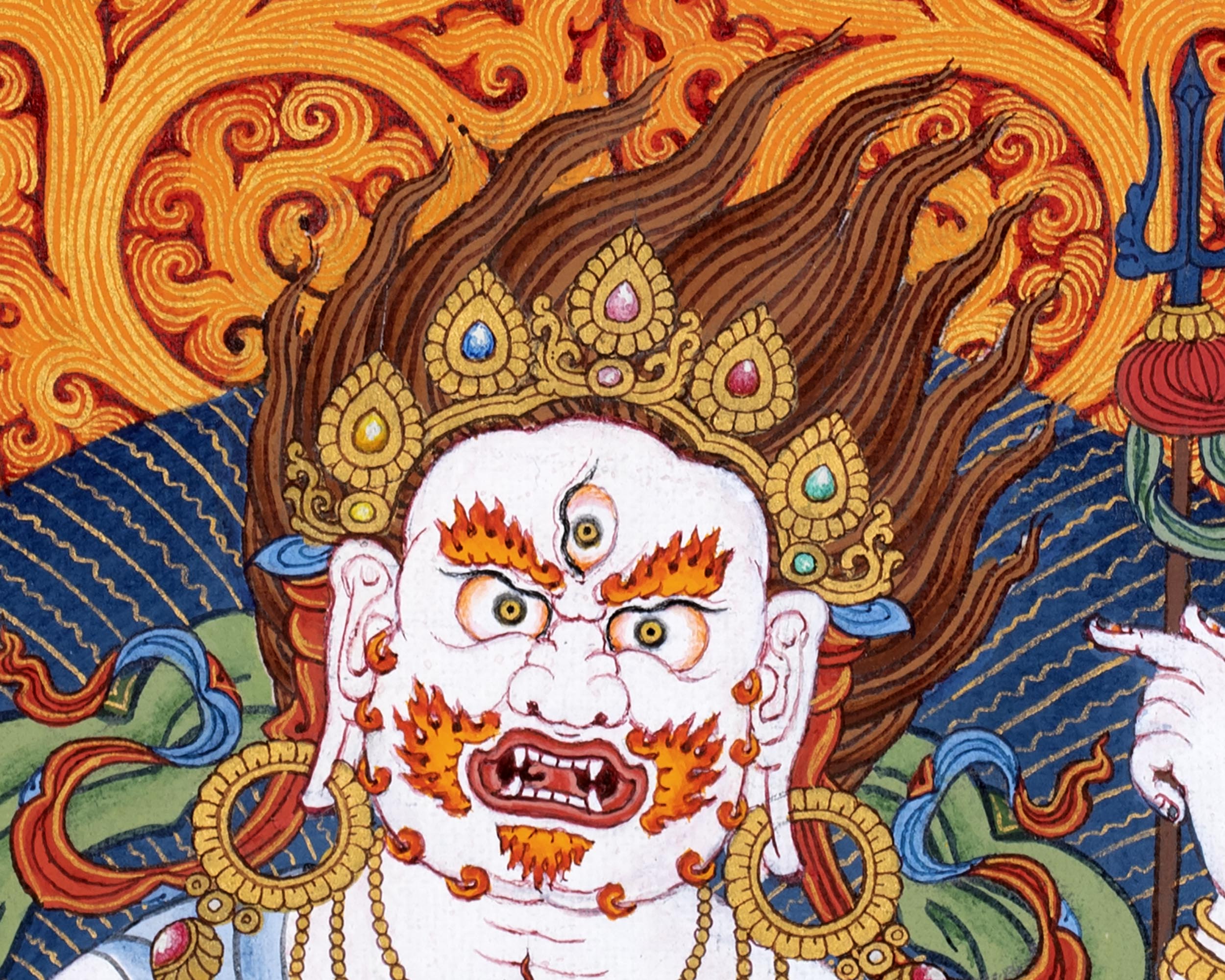 White Mahakala Thangka | Traditionally Hand painted Six-armed Mahakala