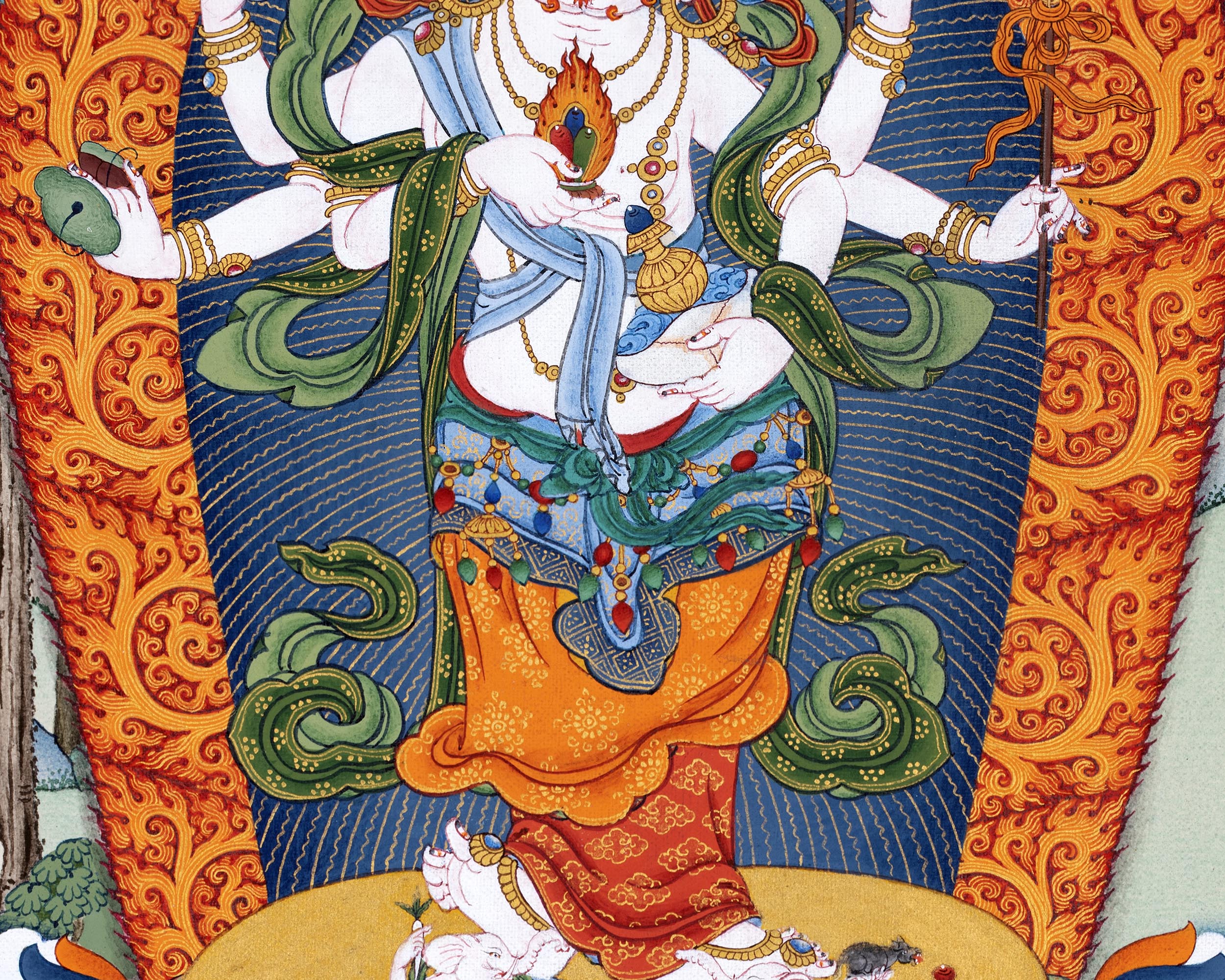 White Mahakala Thangka | Traditionally Hand painted Six-armed Mahakala