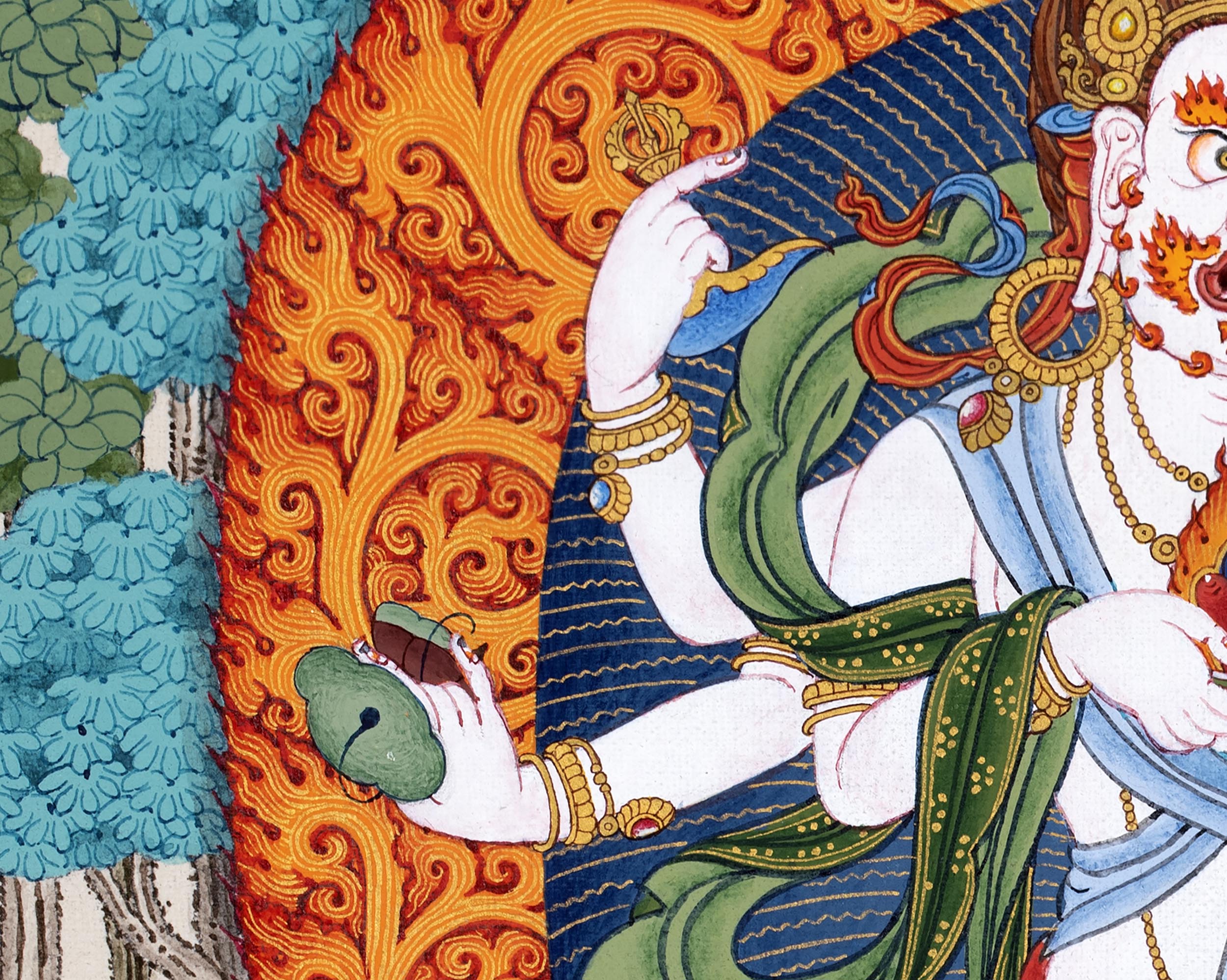 White Mahakala Thangka | Traditionally Hand painted Six-armed Mahakala