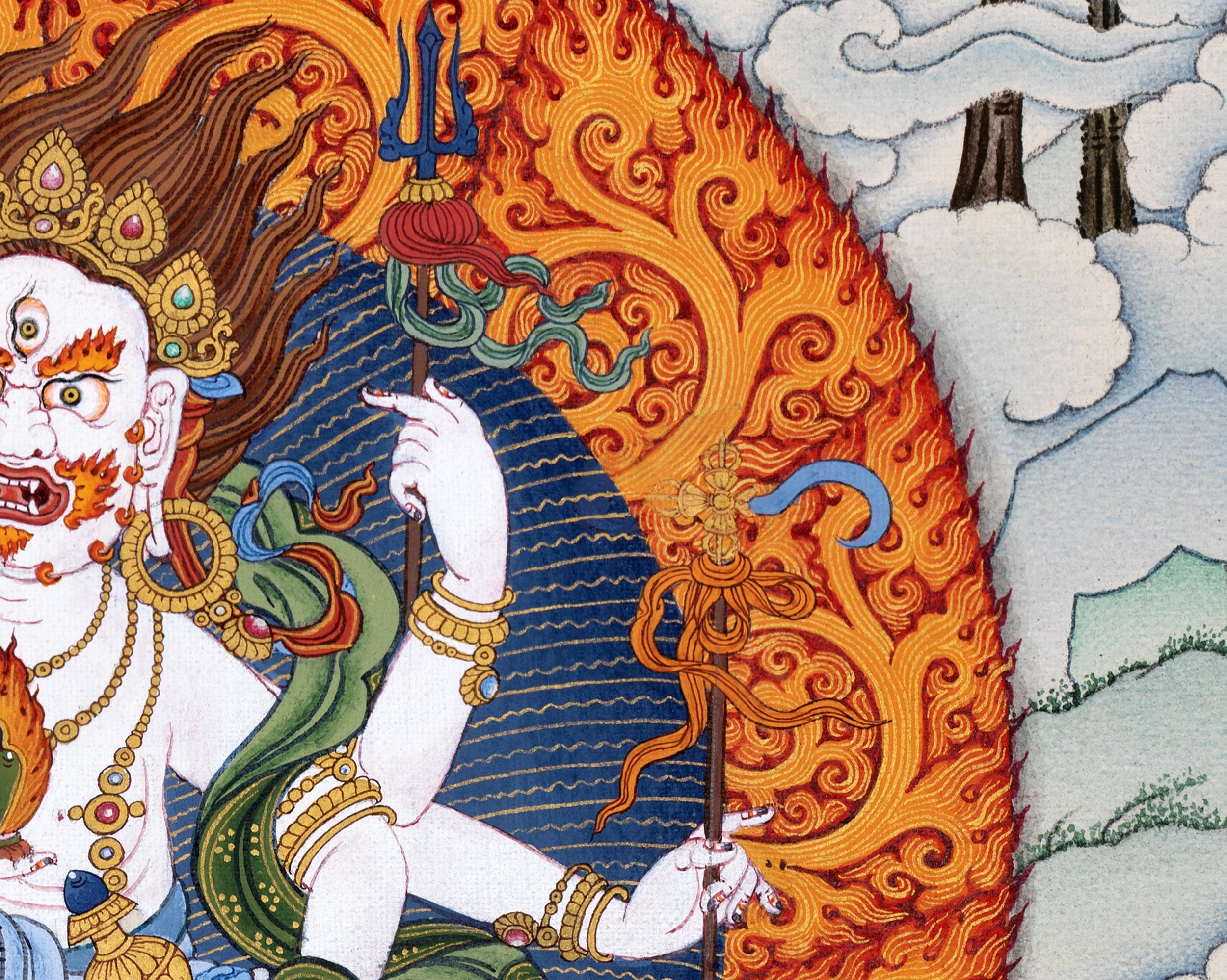 White Mahakala Thangka | Traditionally Hand painted Six-armed Mahakala