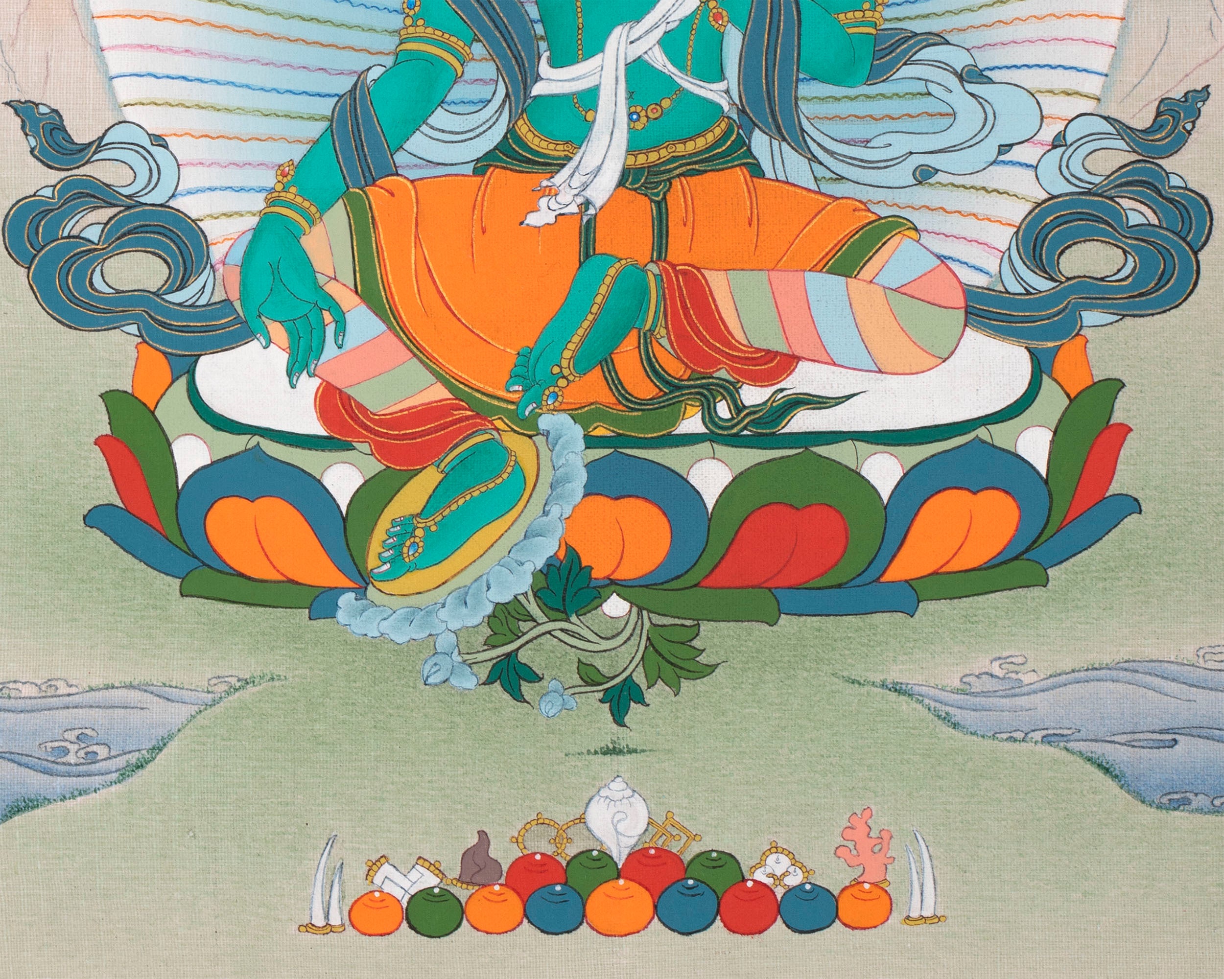 Green Tara Brocade Thangka | Female Bodhisattva | Awakened Buddha