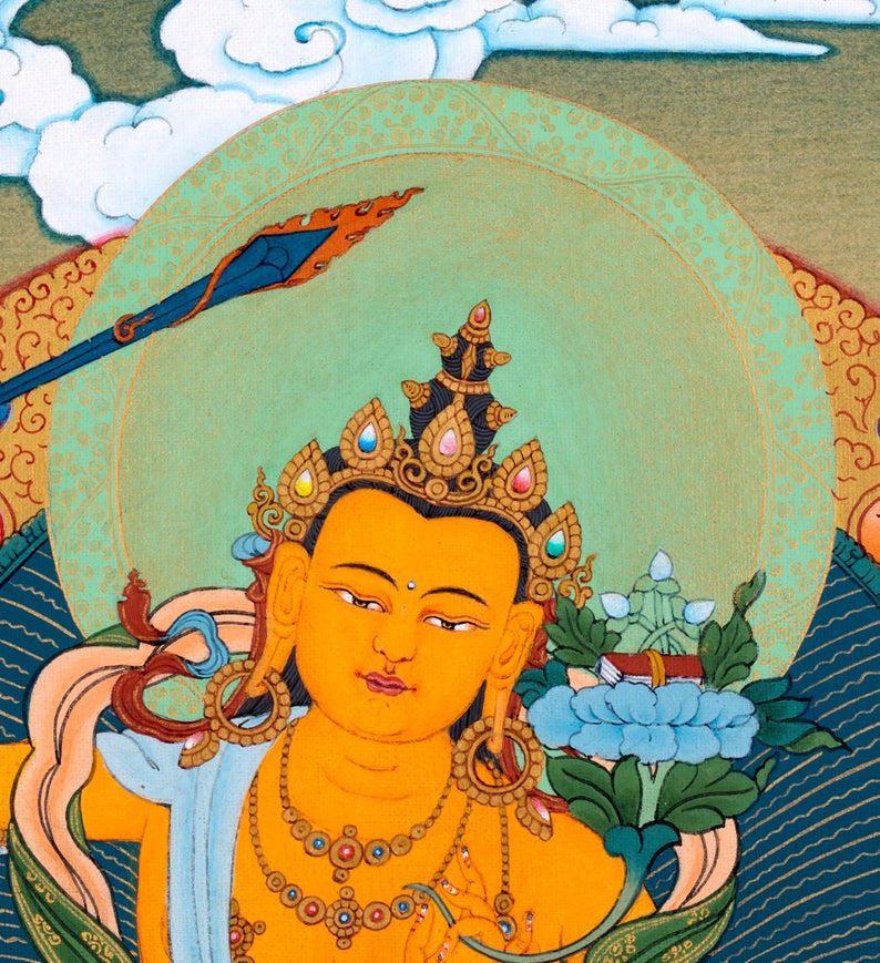 Manjushri Bodhisattva Thangka, Tibetan Vajrayana Buddhist Art, Hand Painted in 24K Gold