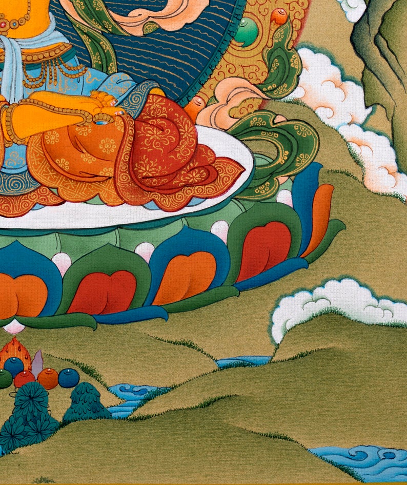 Manjushri Bodhisattva Thangka, Tibetan Vajrayana Buddhist Art, Hand Painted in 24K Gold