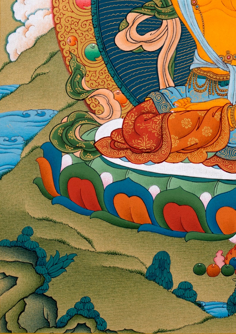 Manjushri Bodhisattva Thangka, Tibetan Vajrayana Buddhist Art, Hand Painted in 24K Gold