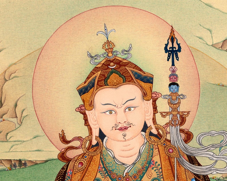 Guru Rinpoche, Padmasambhava Thangka Painting, Tibetan Buddhist Painting in Natural Stone Color & 24K Gold