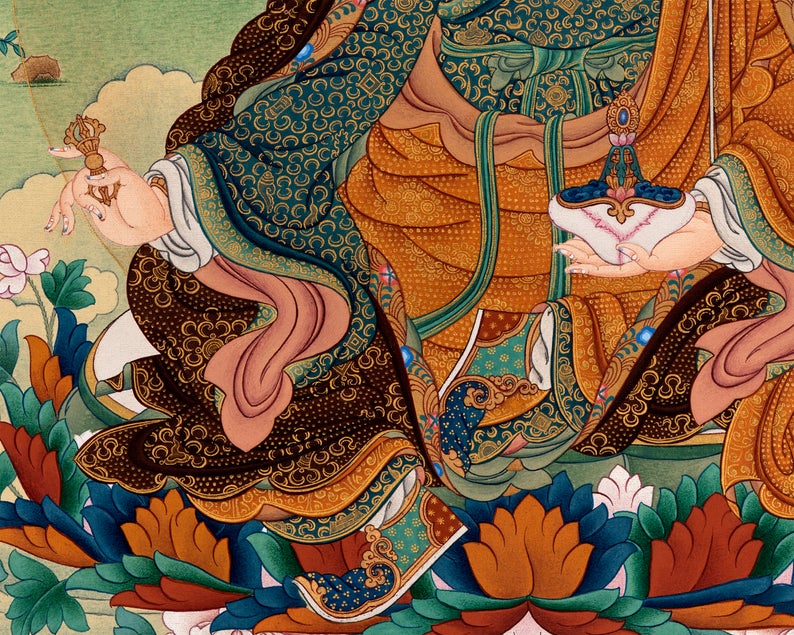 Guru Rinpoche, Padmasambhava Thangka Painting, Tibetan Buddhist Painting in Natural Stone Color & 24K Gold