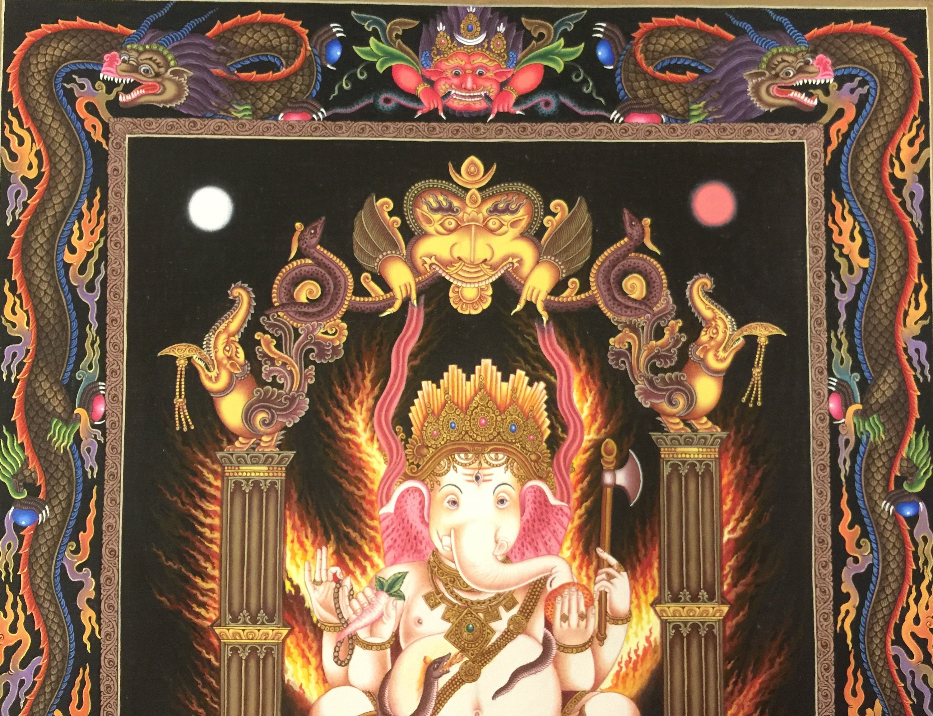 4 Armed Ganesh Thangka | Newari Style with Dragon Motifs | Ganpati Thangka Painting