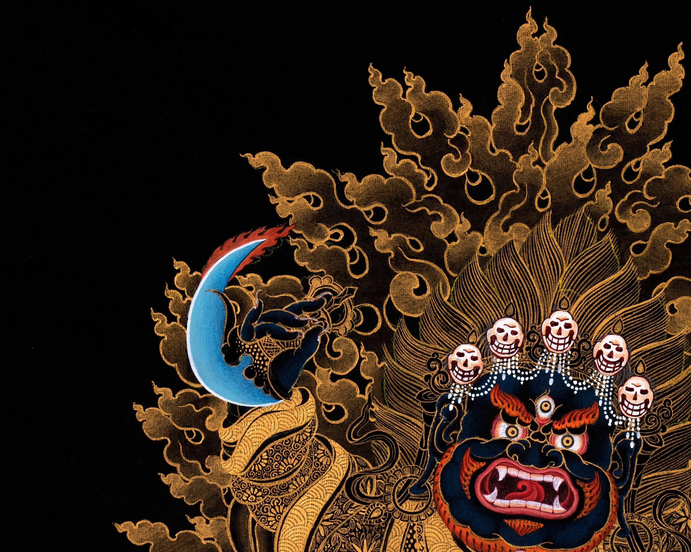 Mahakala Bernagchen Thangka, Traditional Black & Gold Tibetan Thangka Painting, includes Traditional Silk Brocade