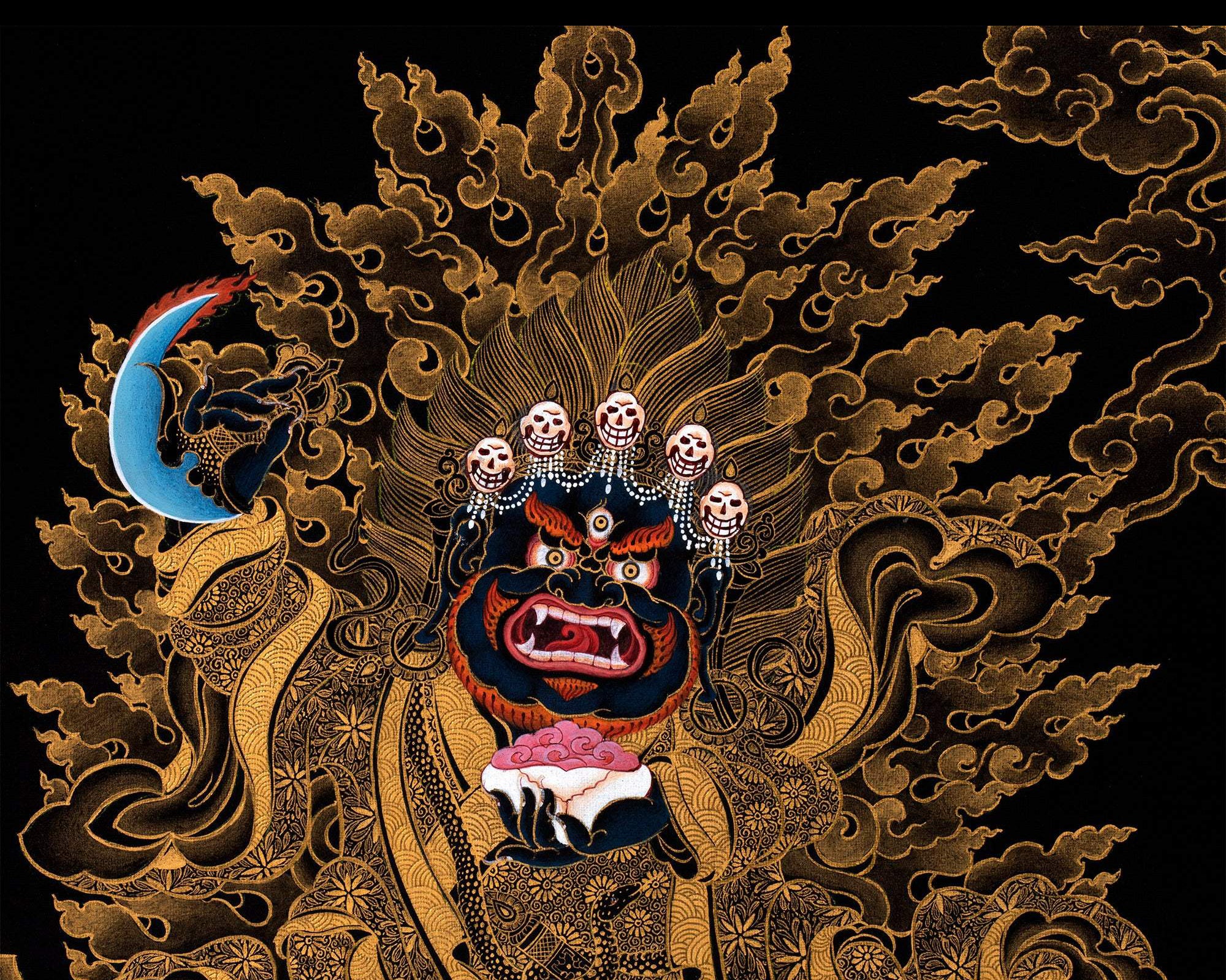 Mahakala Bernagchen Thangka, Traditional Black & Gold Tibetan Thangka Painting, includes Traditional Silk Brocade