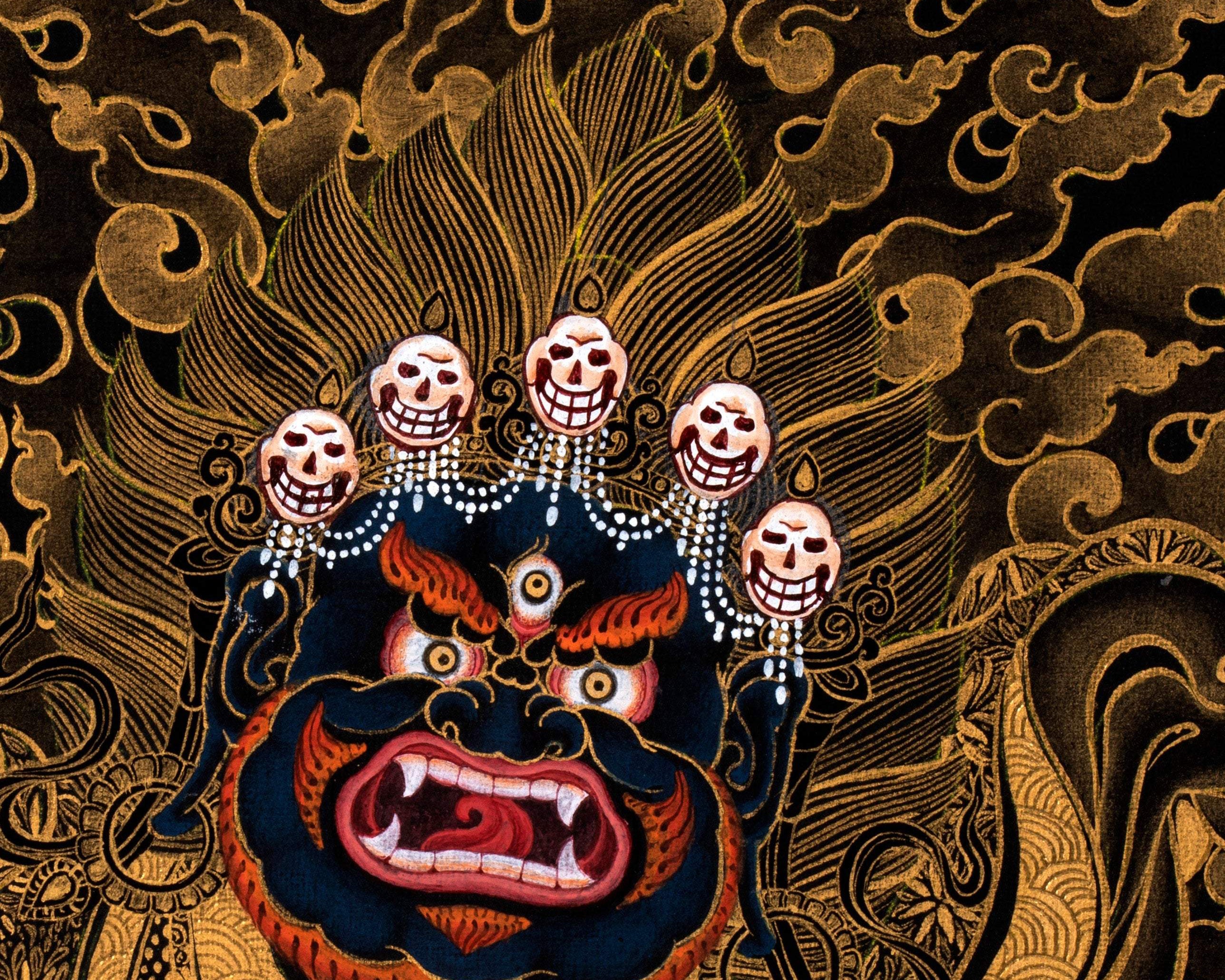 Mahakala Bernagchen Thangka, Traditional Black & Gold Tibetan Thangka Painting, includes Traditional Silk Brocade