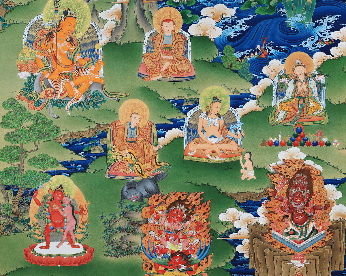 Guru Rinpoche Thangka, Eight Manifestation and 25 Disciples of Guru Padmasambhava, High Quality Giclee Canvas Print, Digital Print
