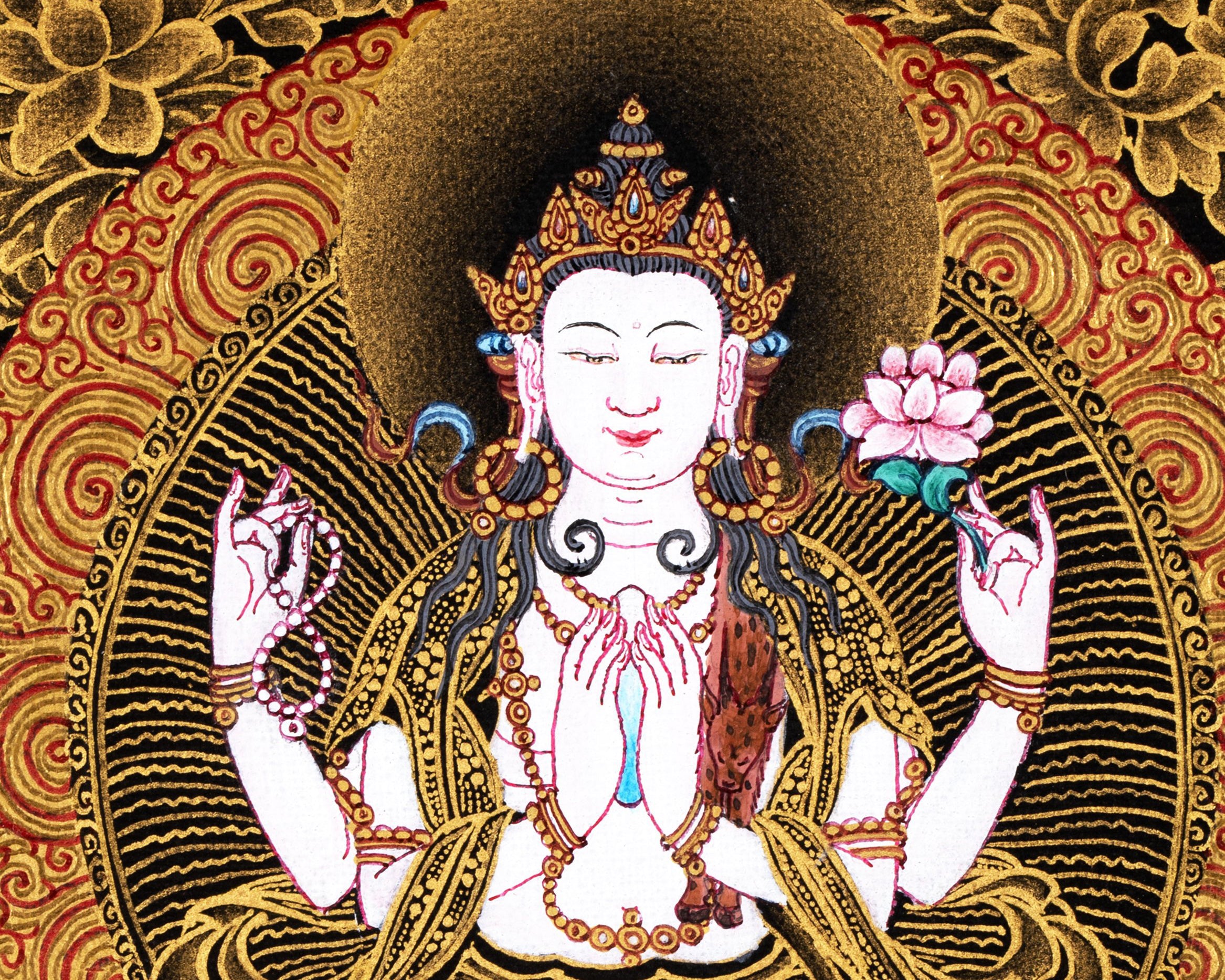 Avalokiteshvara Bodhisattva Thangka, Chenresig, Tibetan Himalayan Vajrayana Buddhist art, Bodhisattva